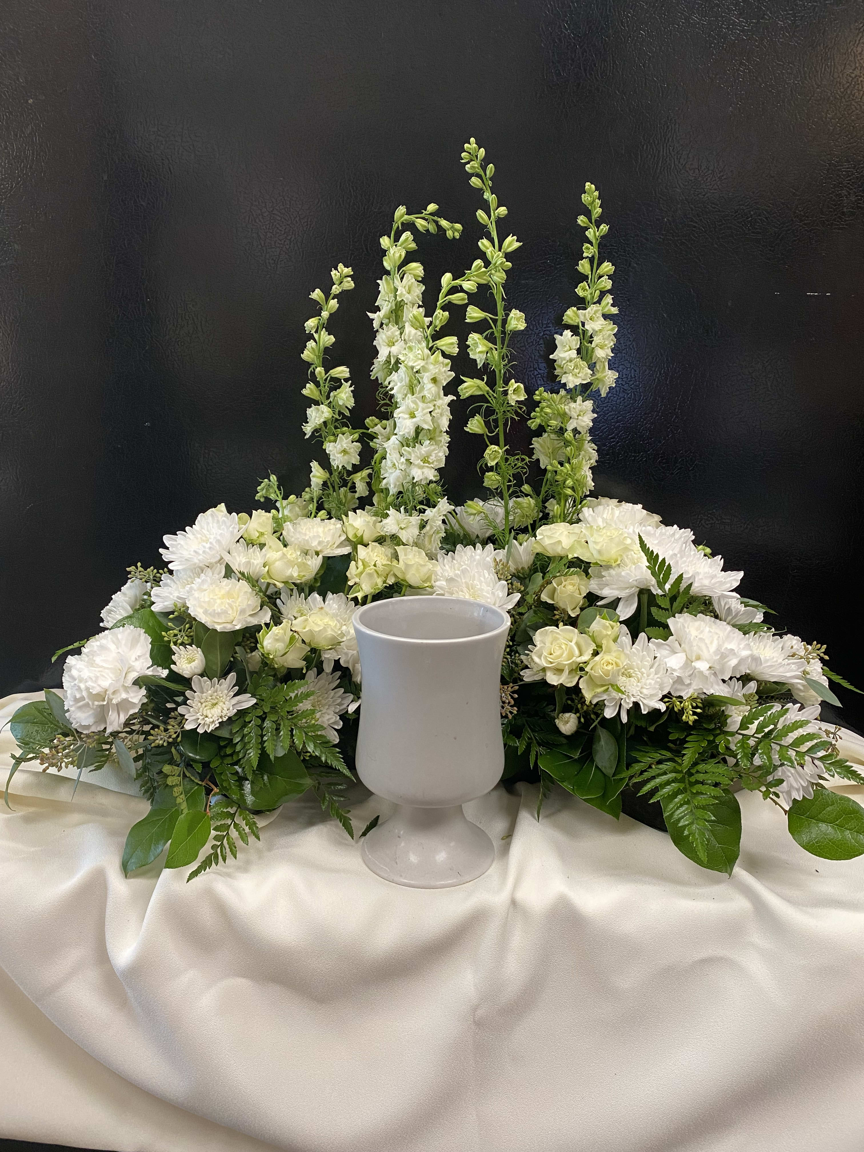 Loving Crescent - Memorial Crescent to embrace a funeral urn. Designed in 2 pieces to surround your loved one. All white flowers. Or, your choice of colors.