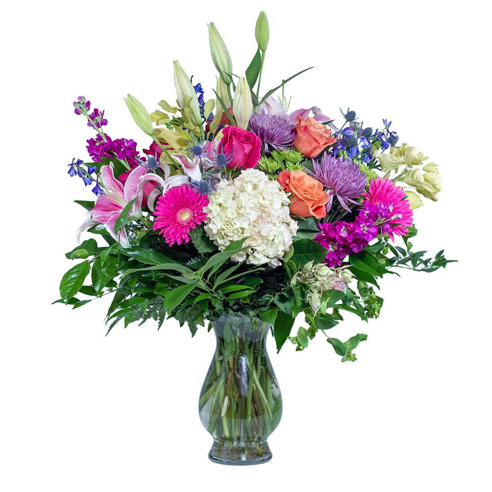 Love You To The Moon - They rock your world. Love You to the Moon will express your devotion. A white hydrangea takes center &quot;space&quot; among stargazers, roses, and other flowers in a clear vase.