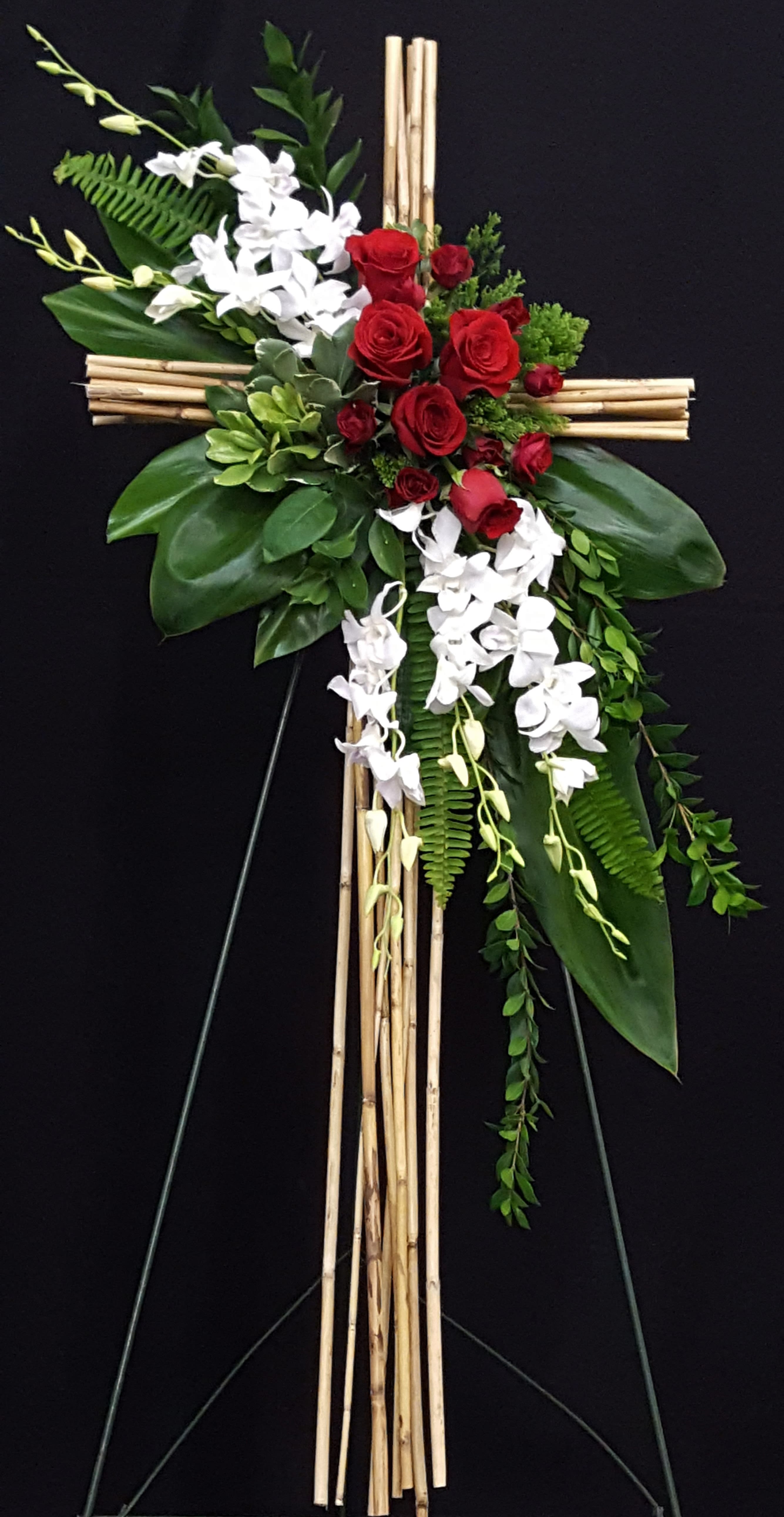 Red & White River Cane Cross Red & White River Cane Cross - 36 inch standing cross of white orchids and red roses