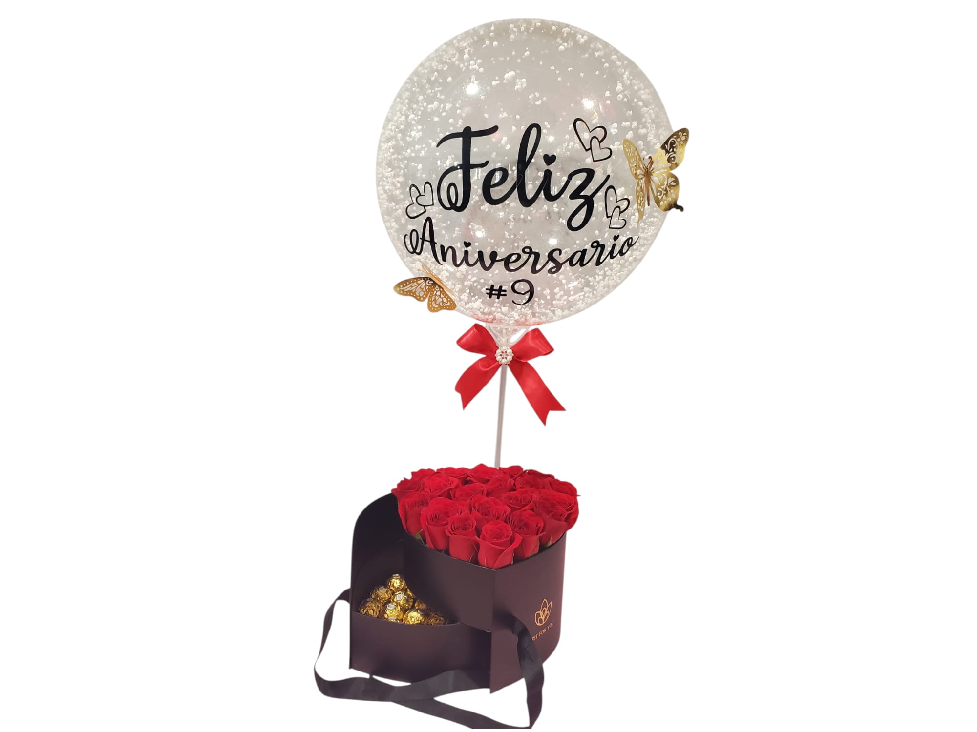 Heart shape Double layer  - Heart box with roses and chocolates and personalized balloon ideal for anniversary birthday.