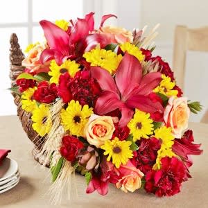 Fall Harvest Cornucopia Fall Harvest Cornucopia - Bring beauty and meaning to any Thanksgiving celebration with this modern take on an enduring and beloved symbol of a favorite American holiday.This classic starts with the traditional woven seagrass “horn of plenty.” It makes a warm, charming setting for an abundance of the season’s prettiest flowers in the rich earth-tones: reds, oranges, yellows, rusts and bronze accented with “harvest chic” dry wheat stalks. What a wonderful way to be a part of friends’ and family’s Thanksgiving, when you’re apart for friends’ and family’s celebration! And don't forget: we are open with delivery on Thanksgiving day!