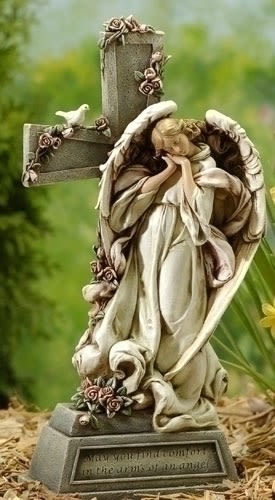 ANGELS- 14.75"H ANGEL W/CROSS MEMORIAL GARDEN STATUE ANGELS- 14.75"H ANGEL W/CROSS MEMORIAL GARDEN STATUE - Joseph Studio Collection " May you find comfort in the arms of an angel." Materials RESIN/STONE MIX Dimensions 14.75"H 7.5"W 3.25"D