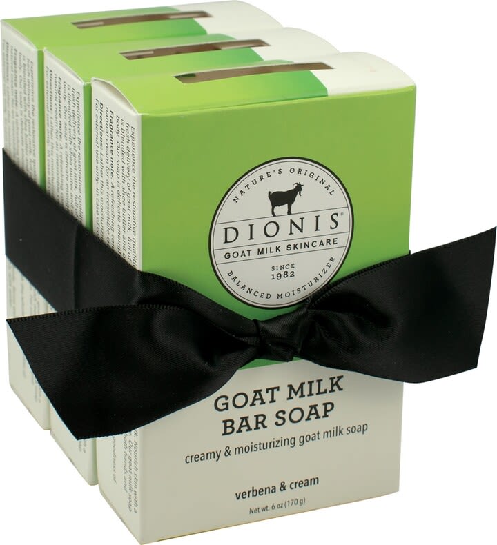 Dionis Goat Milk pack of Bar Soap, Verbena & Cream Dionis Goat Milk pack of Bar Soap, Verbena & Cream - 6 oz A refreshing combination of lemon verbena with the wholesome goodness of natural cream for an irresistible crisp scent.