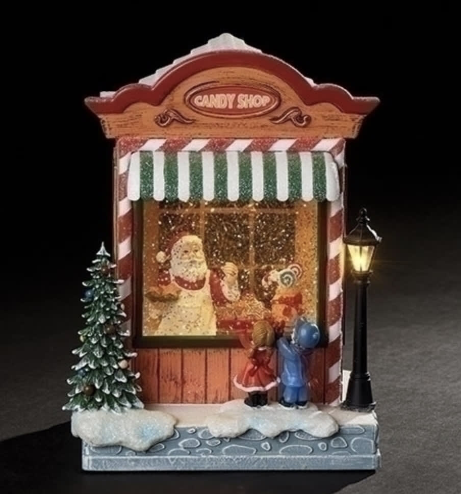 CHRISTMAS- 9"H MUSICAL LED CANDY SHOP KID W/SANTA SWIRLDOME; BATT N/INCL CHRISTMAS- 9"H MUSICAL LED CANDY SHOP KID W/SANTA SWIRLDOME; BATT N/INCL - Musical Tune(s) VARIOUS CHRISTMAS SONGS Theme CONFETTI Division CHRISTMAS Materials RESIN Dimensions 9"