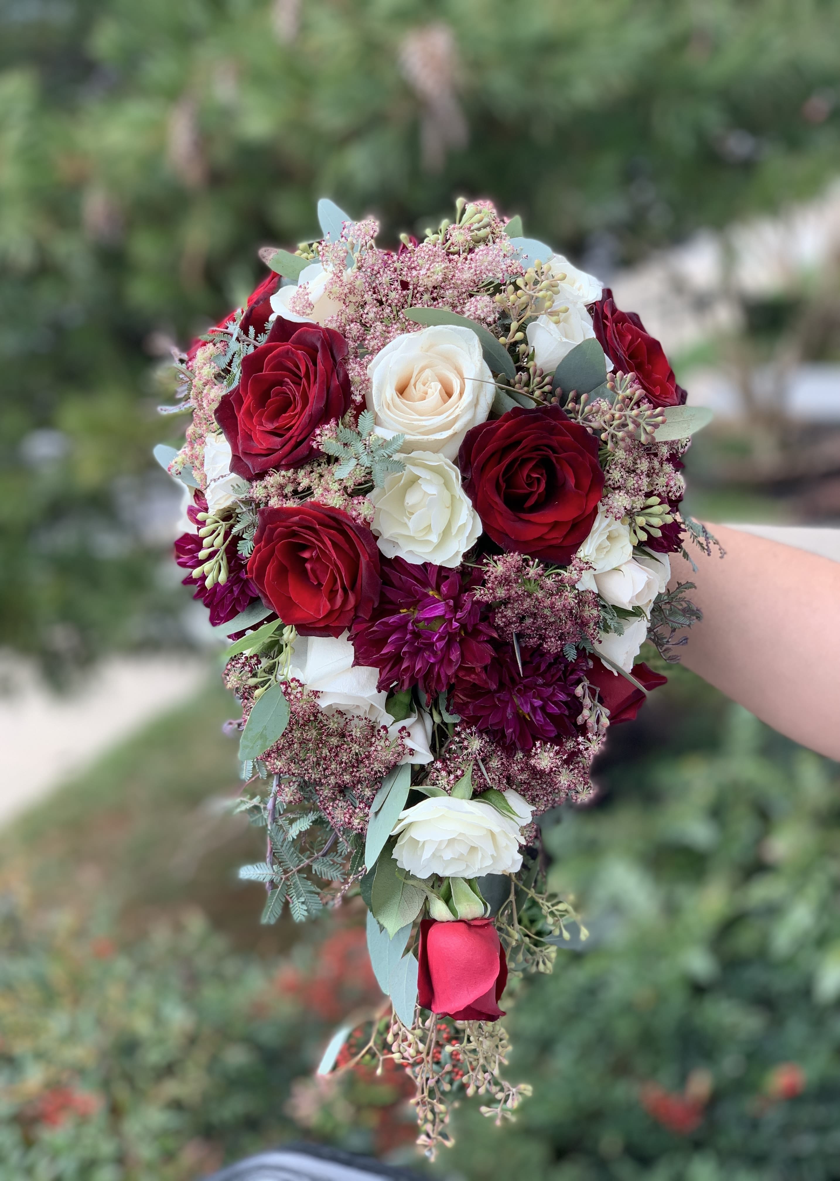 Design 1 Design 1 - Red Cascade bouquet mix of natural flowers