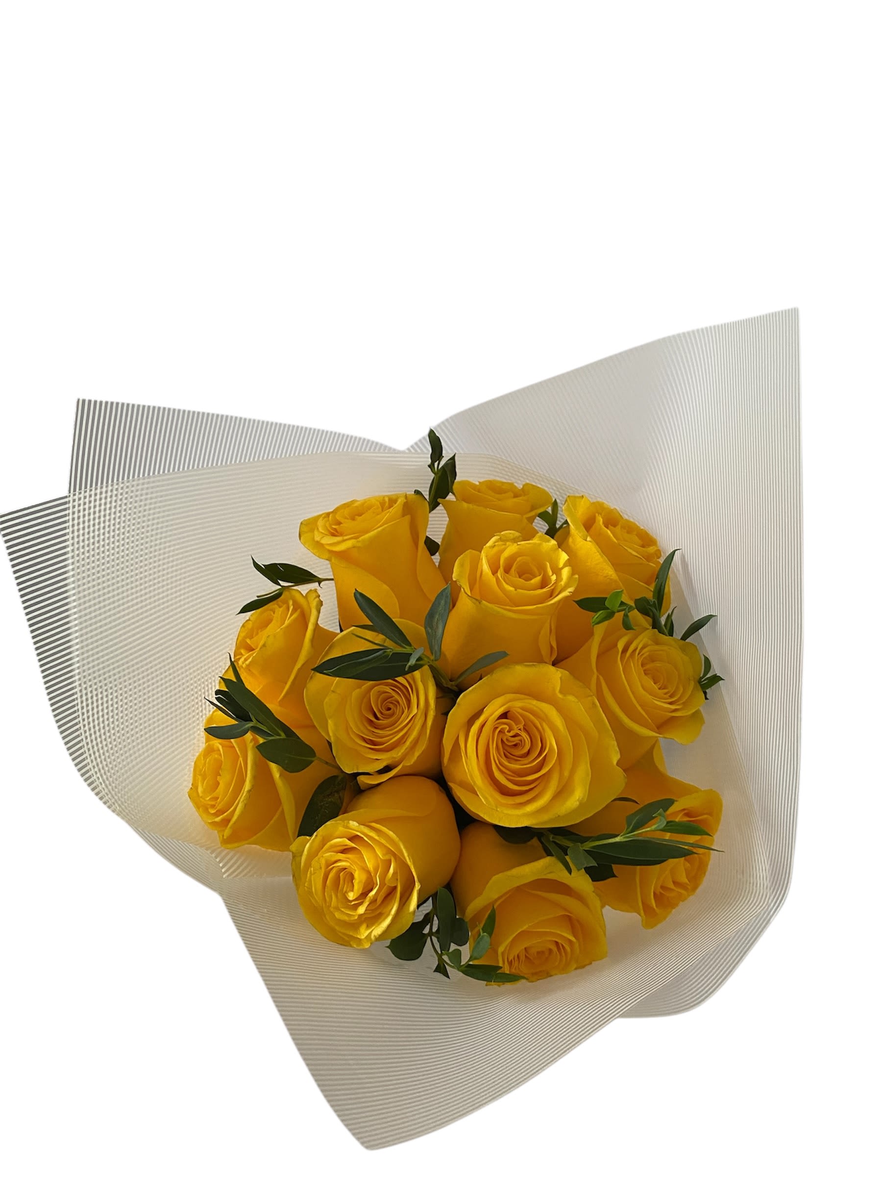 Golden Hour - A dozen yellow roses bouquet in a white wrapping paper with a bow.