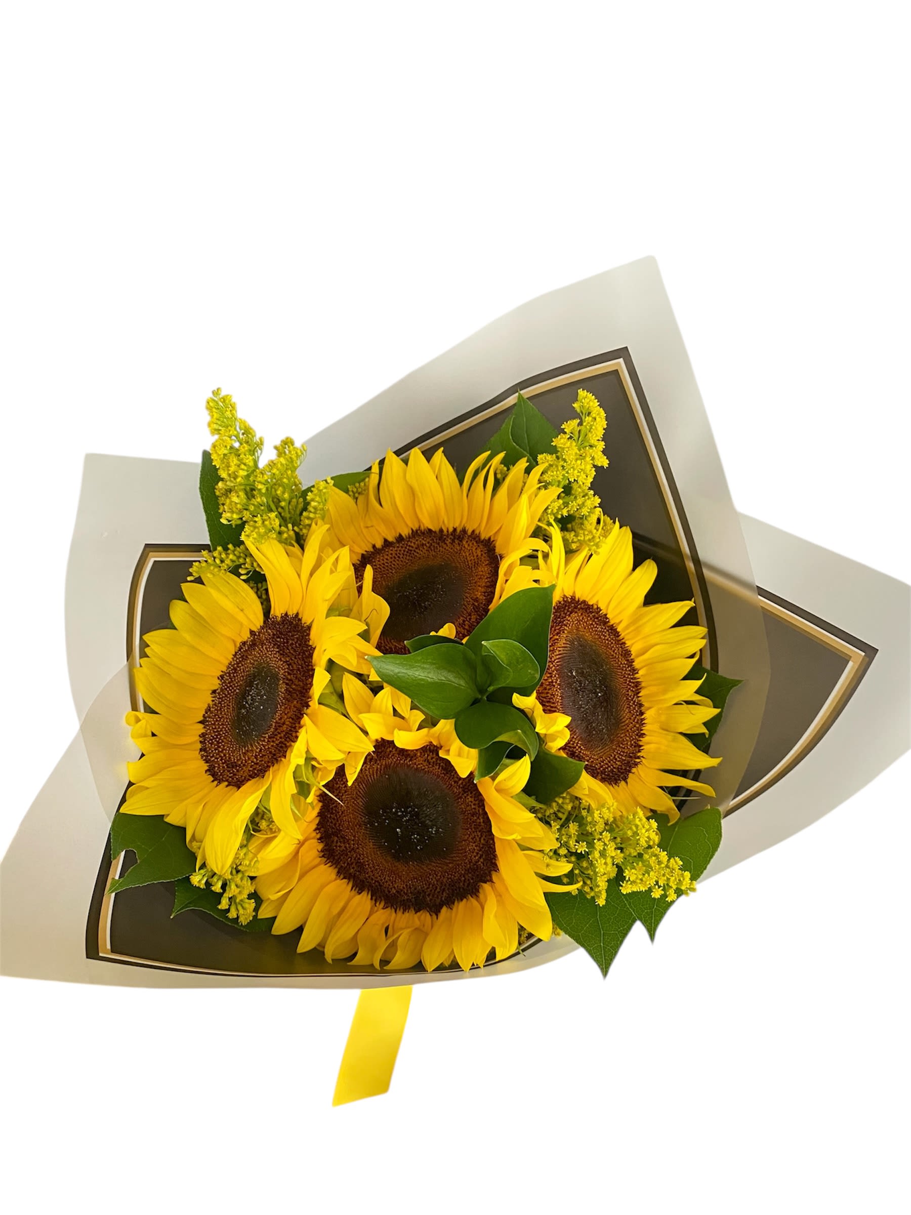 Hello Sunshine Hello Sunshine - Sunflowers, Solidago, Ruscus with a white and black wrapping paper and a bow.