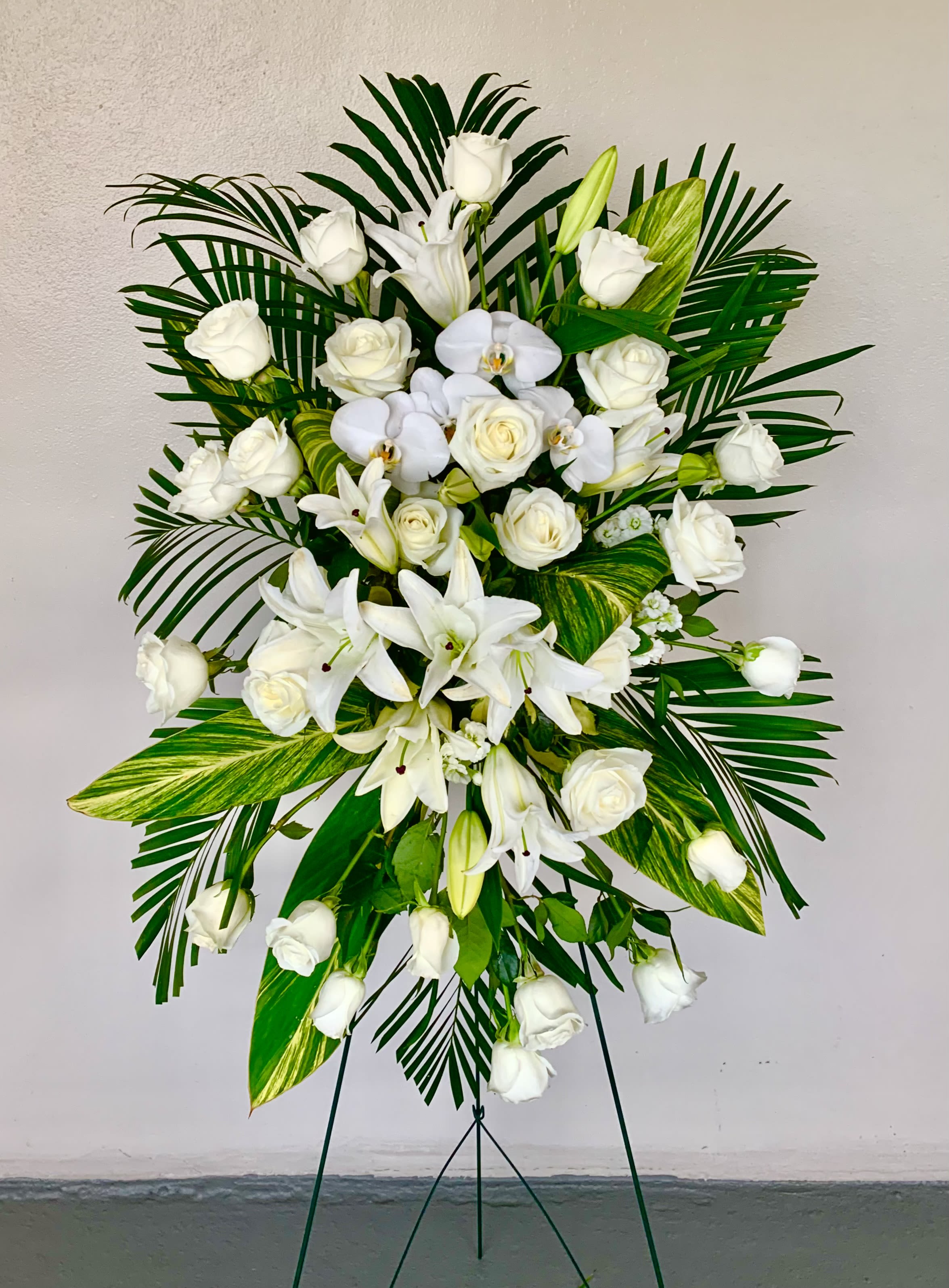 Funeral Stand White Funeral Stand White - Roses, Lilies, Orchid blooms, Green