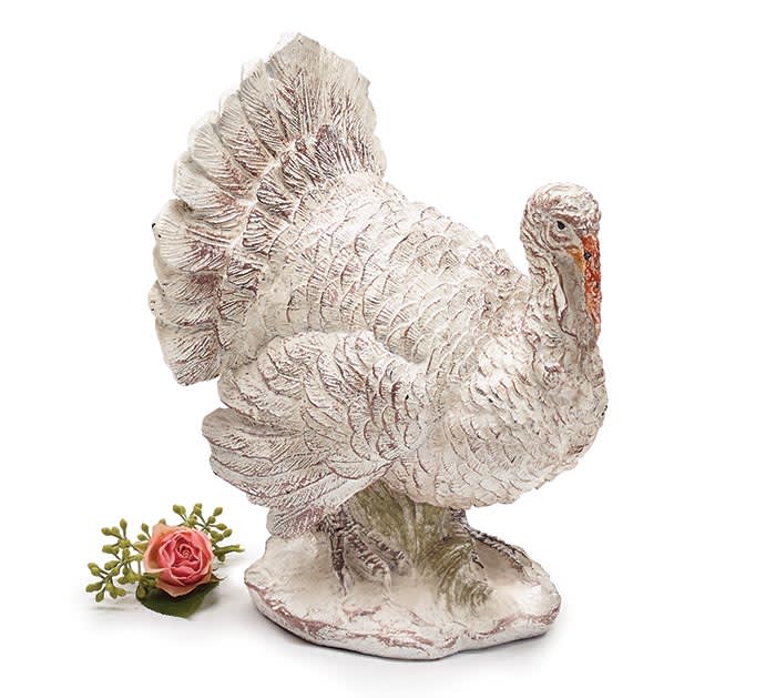 White Distressed Resin Turkey Decor White Distressed Resin Turkey Decor - Hand painted white distressed resin turkey decoration. Would make a wonderful centerpiece for Thanksgiving. 10 3/4"H X 6 3/4"W X 7"D