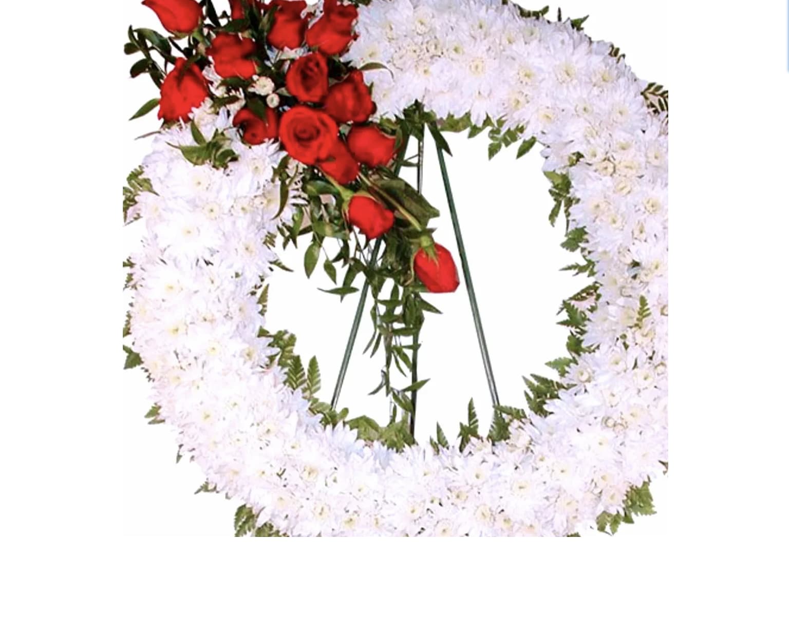 White Wreath White Wreath - All White Wreath with beautiful touch of red and roses will show your the memories shared with a loved one. Our Standing wreath in white, and red is a lovely way to celebrate those moments.