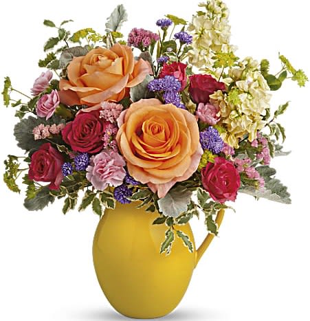  Be Bright Bouquet - Pour on the sunshine! Filled with radiant roses, this cheerful yellow pitcher sprinkles happiness on any occasion and makes a great food-safe addition to any home.