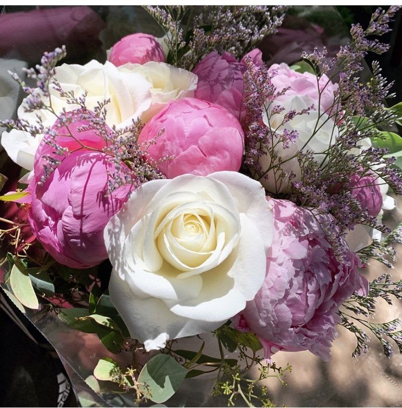 First Class Bouquet (Peony &amp; Rose) - Lush peonies in shades of rouge and blush entwine with creamy white roses and soft lilac textures, creating a bouquet that feels like a whispered sonnet. “Velvet Bloom” draws on the drama of Dutch still-life painting—where beauty, shadow, and time all bloom together.  For slow-burning romance, quiet confessions, and moments that deserve depth.