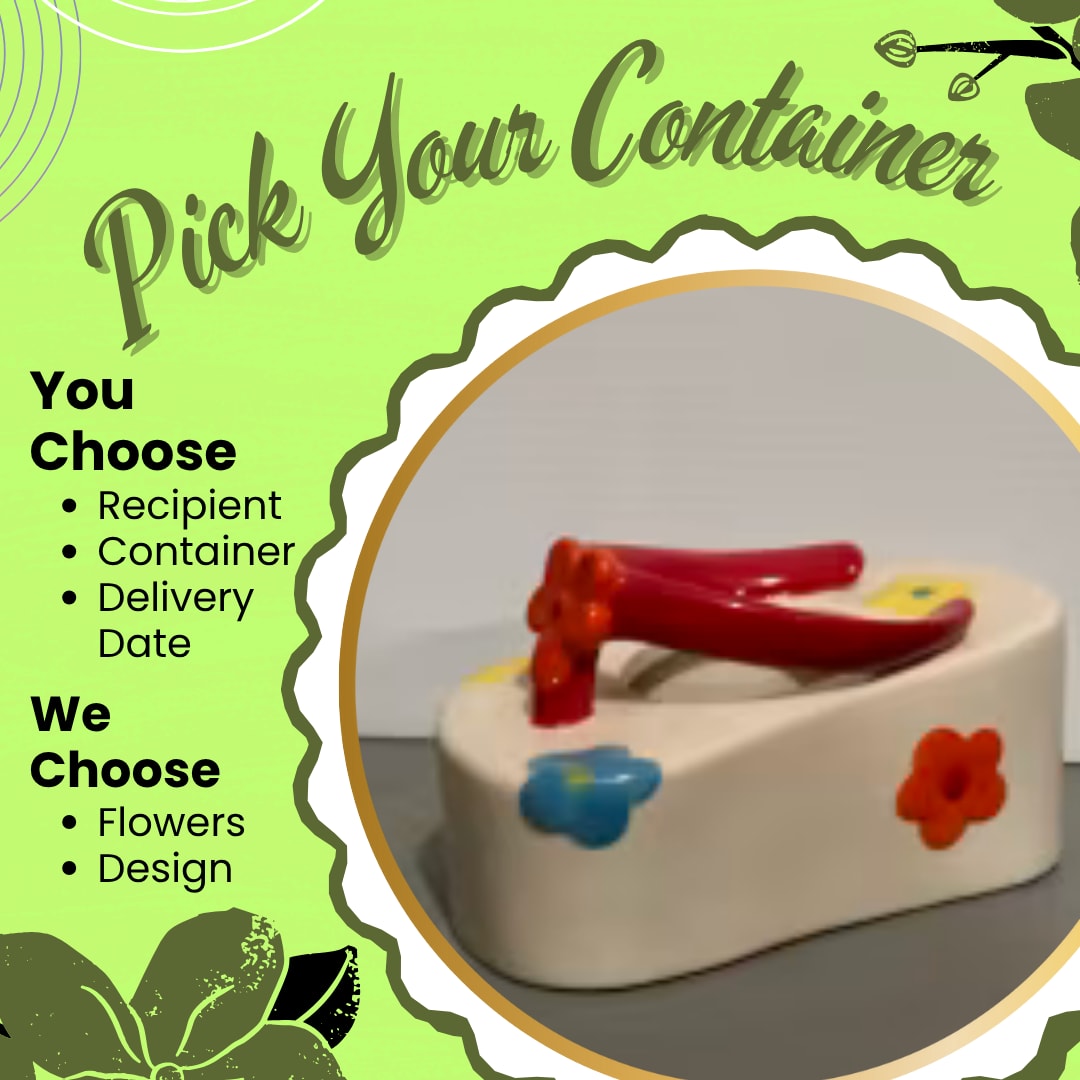 Ceramic Flip-Flop Ceramic Flip-Flop - Pick your container and let our designer create a custom arrangement specifically for your recipient! We have so many amazing and adorable vases and containers, and why wait until we have crafted designs to go in them for you to be able to select them? We have set the price points to match what the container can hold, let us know your recipient's favorite flowers and colors in the special instructions. The Flip Flop is 6" wide and 3" tall. ( great for a size 3 hahaha) Substitution Policy In some instances, our photo may represent an overall theme or look and include a one-of-a-kind vase which cannot be exactly replicated. Although the actual bouquet may not precisely match the photo, its temperament will. Occasionally, substitutions of flowers and/or containers happen due to weather, seasonality and market conditions which may affect availability. If this is the case with the gift you’ve selected, we will ensure that the style, theme and color scheme of your arrangement is preserved and will only substitute items of equal value or higher value. If any design elements are of major importance to your order, please include them in the florist instructions at checkout or contact us to ensure availability.
