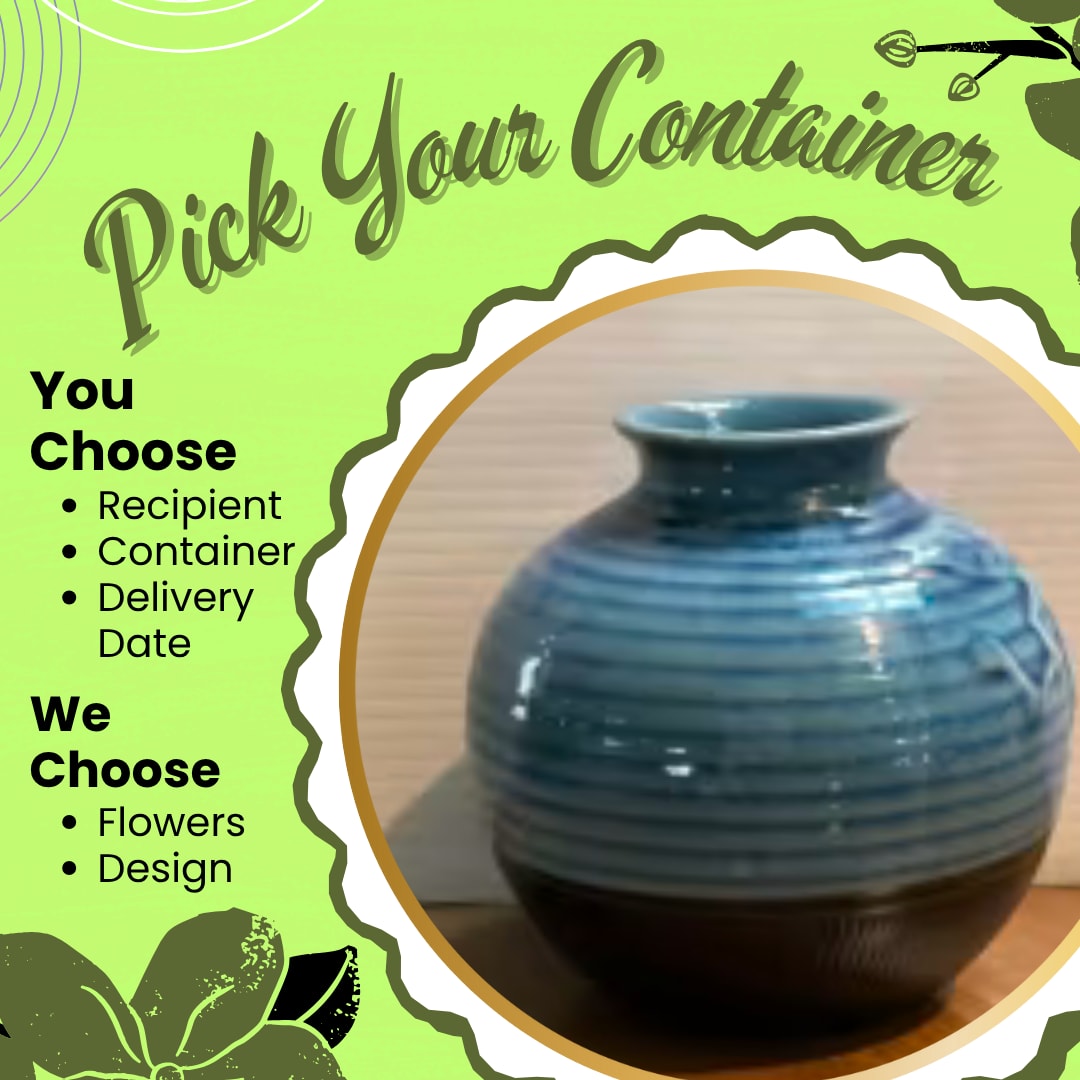 Blue Ceramic Pot Blue Ceramic Pot - Pick your container and let our designer create a custom arrangement specifically for your recipient! We have so many amazing and adorable vases and containers, and why wait until we have crafted designs to go in them for you to be able to select them? We have set the price points to match what the container can hold, let us know your recipient's favorite flowers and colors in the special instructions. Substitution Policy In some instances, our photo may represent an overall theme or look and include a one-of-a-kind vase which cannot be exactly replicated. Although the actual bouquet may not precisely match the photo, its temperament will. Occasionally, substitutions of flowers and/or containers happen due to weather, seasonality and market conditions which may affect availability. If this is the case with the gift you’ve selected, we will ensure that the style, theme and color scheme of your arrangement is preserved and will only substitute items of equal value or higher value. If any design elements are of major importance to your order, please include them in the florist instructions at checkout or contact us to ensure availability. Our blue ceramic pot is 5 1/2" tall. Cute as can be for a desk, coffee table or nook. Let our designer fill with the freshest flowers of the season.