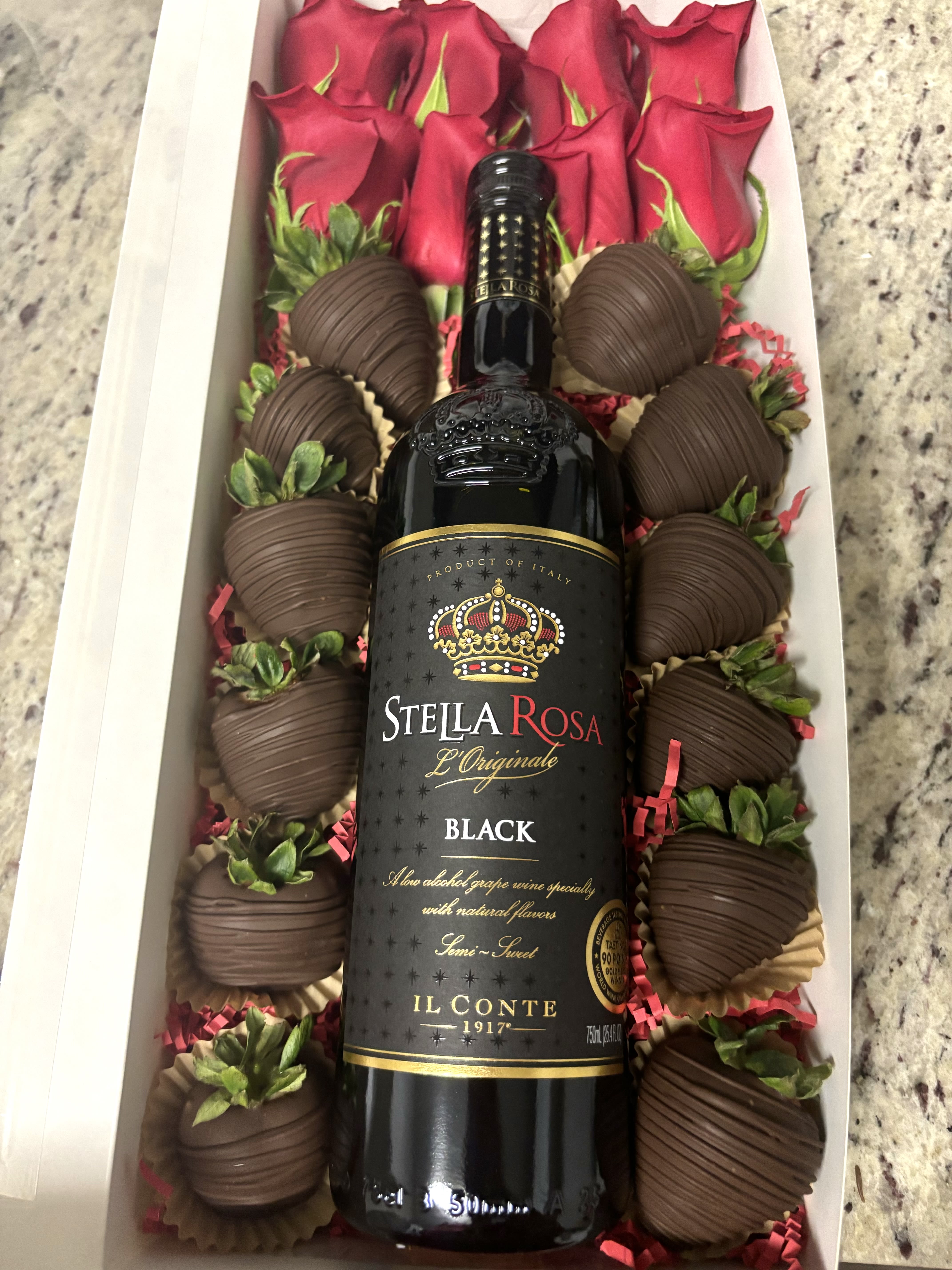 Chocolate Wine Box - 12 chocolate strawberries, 8 red roses &amp; wine bottle