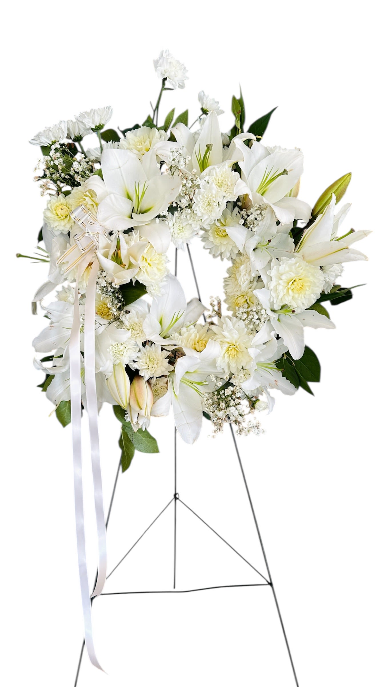 White Wreath - This is a circular funeral wreath mounted on a metal easel stand, typically used for memorial services, funerals, or wakes. It symbolizes the eternal cycle of life, remembrance, and peace.