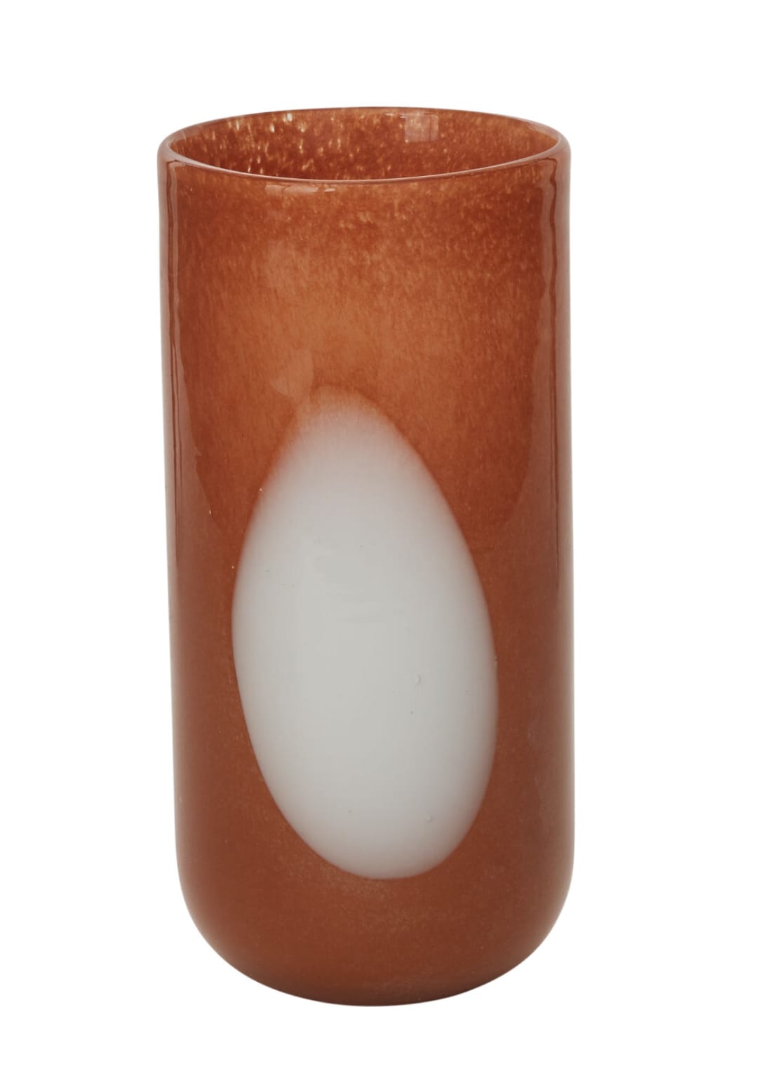 Amber Dot Vase - Handmade and full of character, the Amber Dot Glass Vase brings a warm, modern charm to any space. Its rich amber hue is beautifully contrasted by a bold white dot, adding a playful yet sophisticated touch. The cylindrical silhouette makes it ideal for a single striking stem or a small cluster of blooms. A versatile accent that stands on its own or pairs effortlessly with other pieces in your collection.  Dimensions: 3.75&quot; x 3.75&quot; x 7.75&quot; Opening: 3.5&quot; diameter Material: Glass