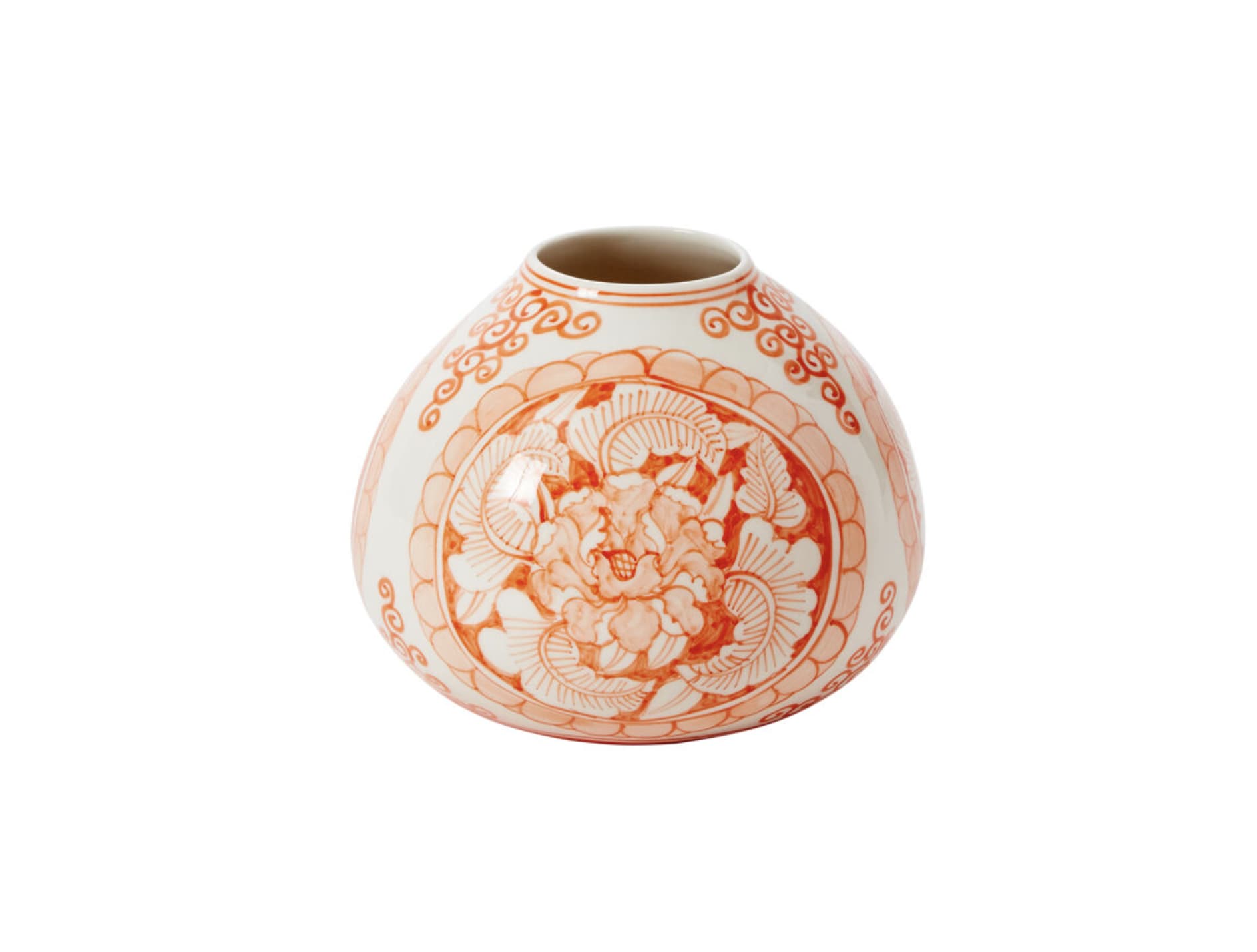 Eleanor Vase – Coral (Medium) - A modern, functional take on classic chinoiserie, the Eleanor Vase in Coral features intricate, hand-painted floral patterns in a soft coral hue on crisp white stoneware. Designed with the floral designer in mind, its rounded bulb shape and 2-inch opening make it ideal for effortless arranging. This versatile, on-trend vessel brings a vintage sensibility to weddings, dining tablescapes, event designs, or styled shelves—seamlessly blending old-world charm with contemporary elegance.  Dimensions: 6.25&quot; x 6.25&quot; x 4.75&quot; Opening: 2&quot; diameter Material: Ceramic