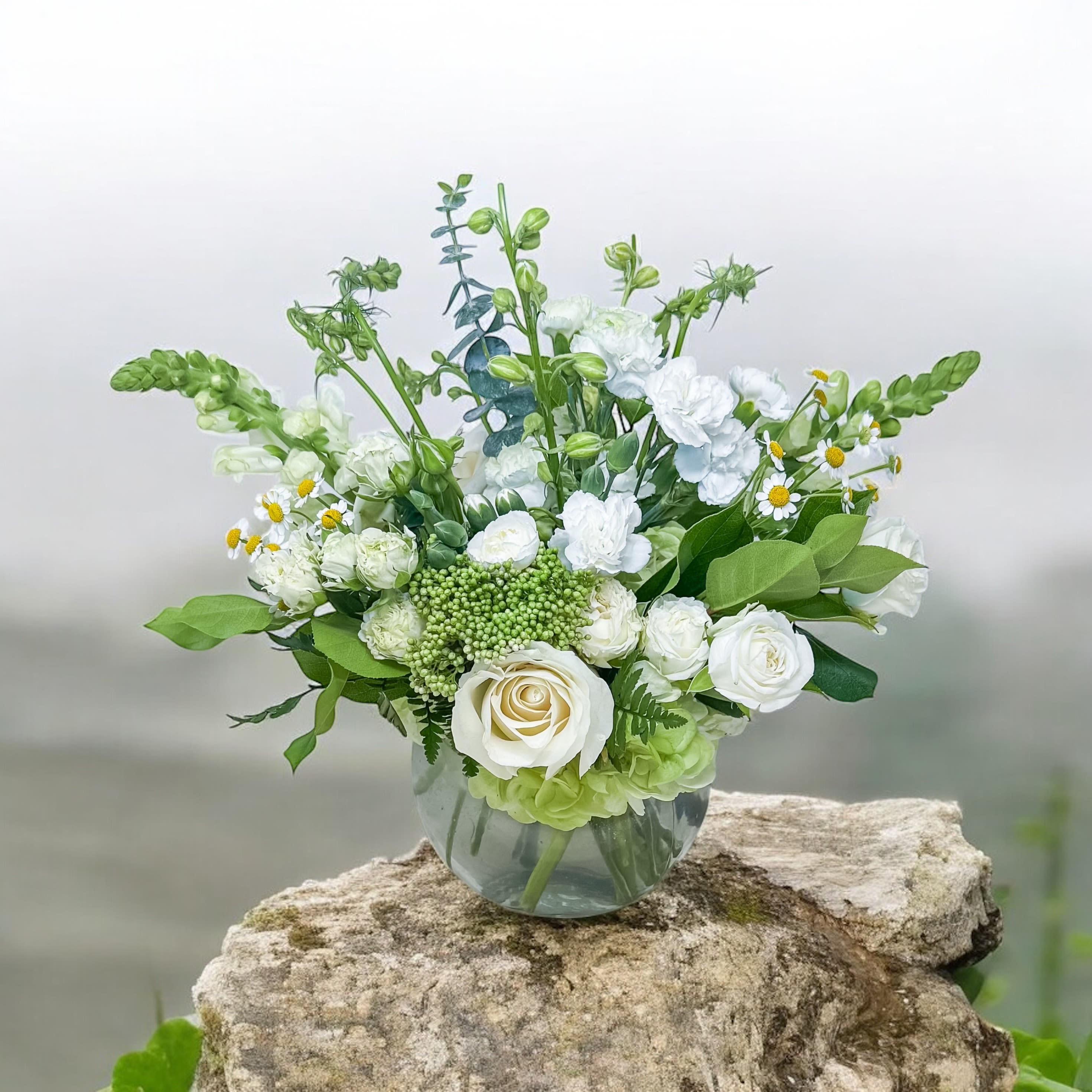 Pure white - Elegant all white and green centerpiece 