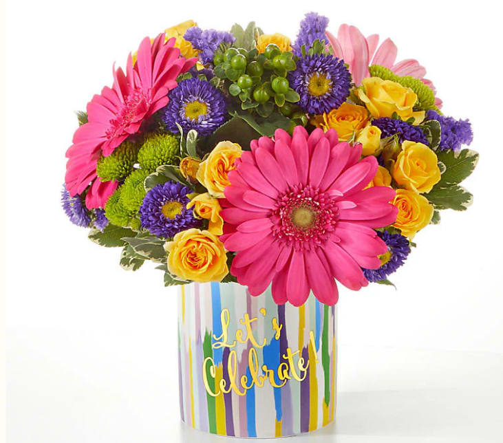 Cheers to you Bouquet - FTD Design, Raise a toast to life’s special moments with this celebratory mix of pink, yellow, green and purple blossoms.