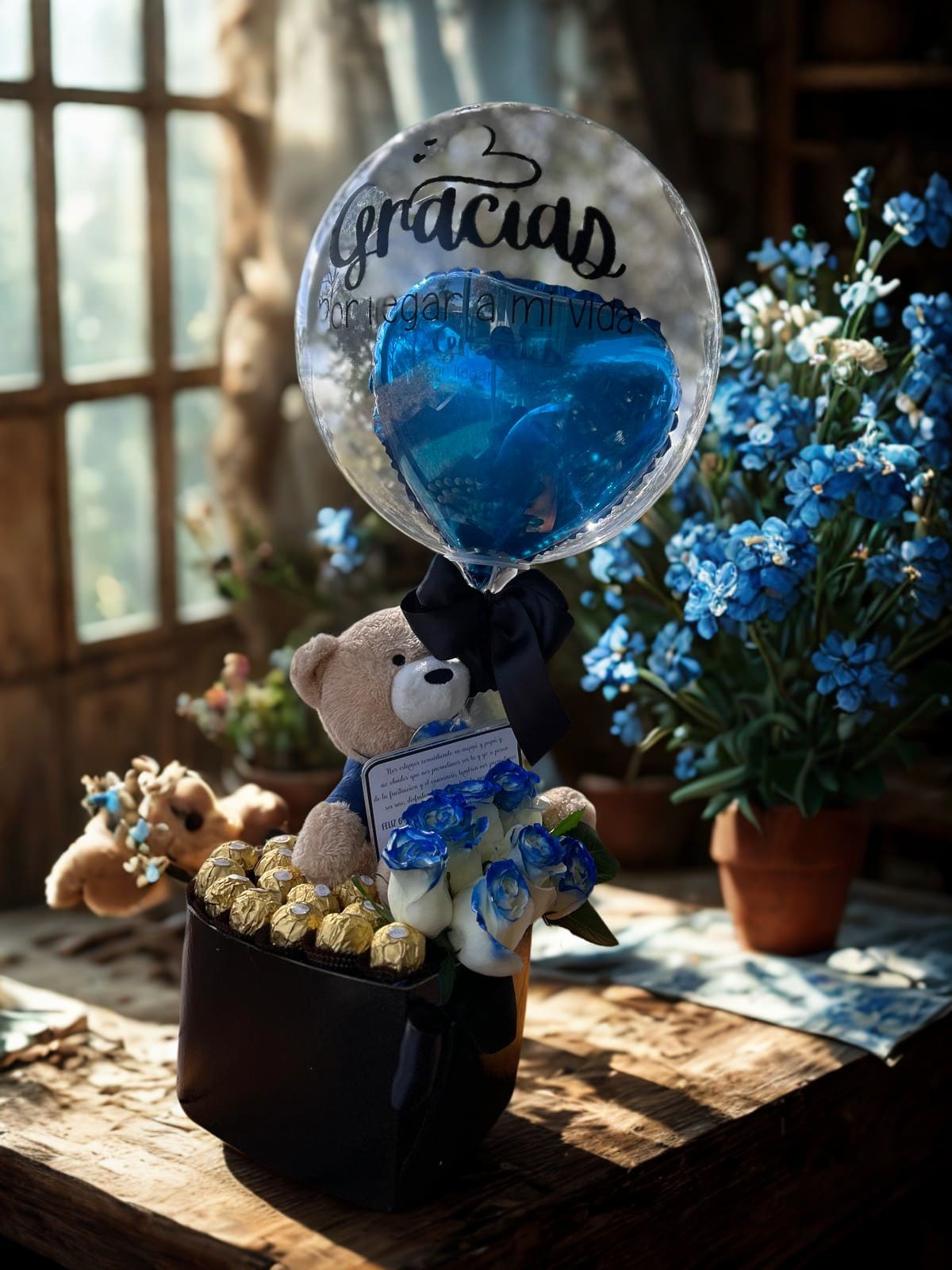 Royal Royal - Beautiful arrangement in a box with 12 Ferrero Rocher, 8 roses in blue tones, a teddy bear, and a personalized balloon.