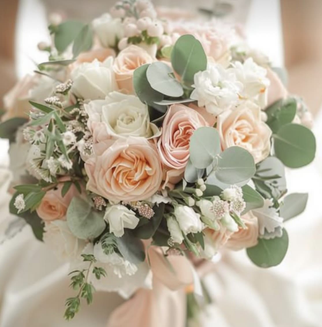 Peach Garden Romance Bouquet Peach Garden Romance Bouquet - Soft, radiant, and full of charm — the Peach Garden Romance Bouquet features a lush arrangement of peach and blush-toned roses, creamy ivory blooms, delicate white lisianthus, and dainty filler flowers, all framed by fresh eucalyptus and soft greenery. Tied together with a flowing satin ribbon, this bouquet captures the essence of a romantic garden wedding. Perfect for brides who love a graceful, natural aesthetic with a touch of vintage sweetness. Also ideal for spring or summer ceremonies. Customizations available to suit your color palette.