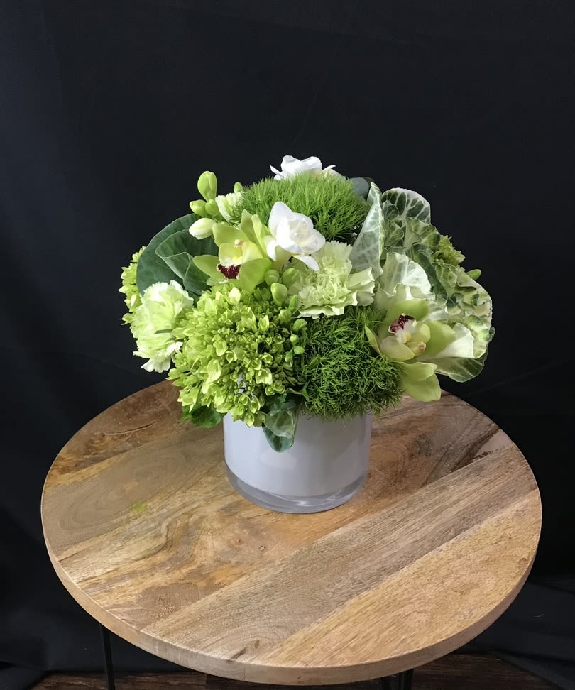 Go Green - mini green hydrangeas, white freesia, green cymbidium orchid, green carnation ,ornamental cabbage in a white cylinder vase