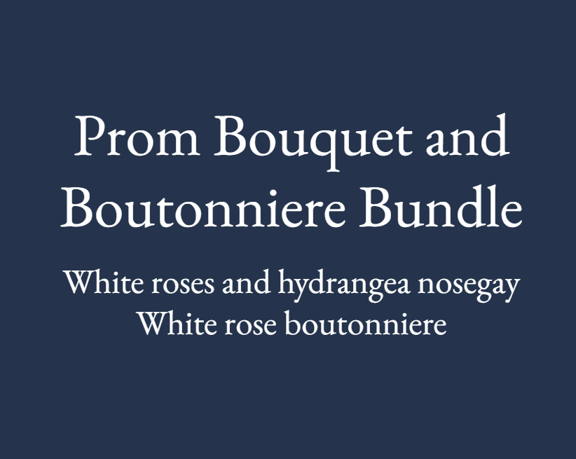 White Prom Bouquet and Boutonniere Bundle White Prom Bouquet and Boutonniere Bundle - White prom bouquet with white roses, hydrangeas, babies breath, and greenery wrapped in white ribbon. White rose boutonniere with babies breath, greenery, and a white ribbon. Deluxe and premium options will mainly add flowers to the nosegay, as we don't want the boutonnieres to get too heavy/bulky and weigh down the suit jacket. Perfect for homecoming or prom!