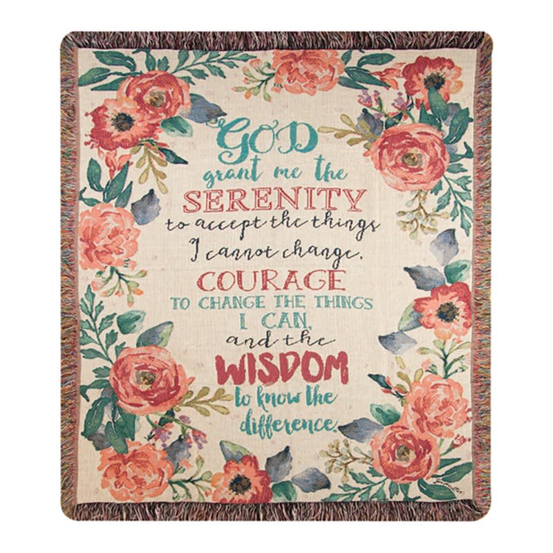 Serenity Prayer Floral Tapestry Throw Serenity Prayer Floral Tapestry Throw - This heirloom-quality Serenity Prayer Floral Tapestry Throw will add boutique charm to your home! Our Tapestry Throws are woven from 100% cotton. The weave is thick, and this versatile 50" x 60" piece can be used as a blanket, bedspread, or wall hanging.
