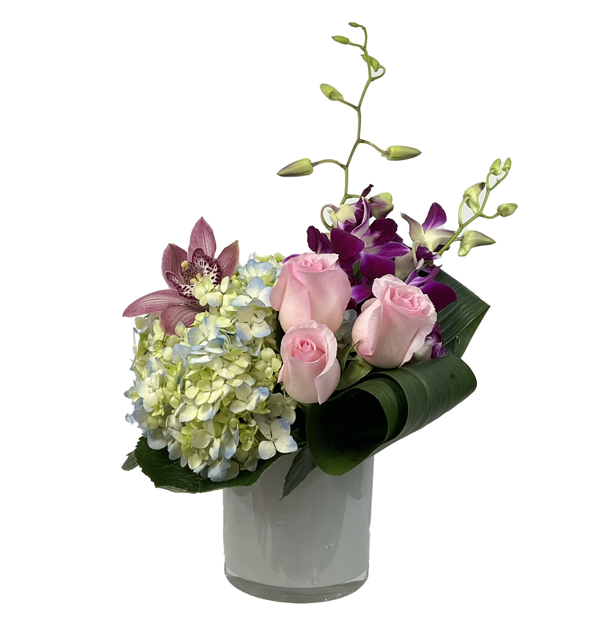 Princesa  - Princesa  Princesa is as pretty as can be! With her Light Pink Roses, Pink Cymbidium Orchid Bloom, Purple and White Dendrobium Orchids, Blue Hydrangea and Looped  ED150