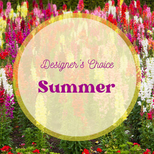 Designer's Choice - Summer - The floral designer will take our freshest most bright colored blooms and create a one of a kind design. Combining bright colors to make you feel like summer has come indoors without the heat. We love the colors and flower types the summer season brings with it and will try to use local blooms as much as soon as we are able. 