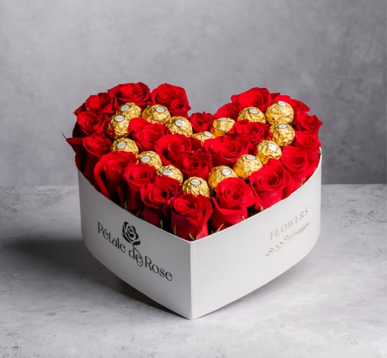 Heart Ferrero Box - Perfect for valentines day or any day to show your love deep in your heart, you can't go wrong with chocolates and roses. Surprise your loved one!  
