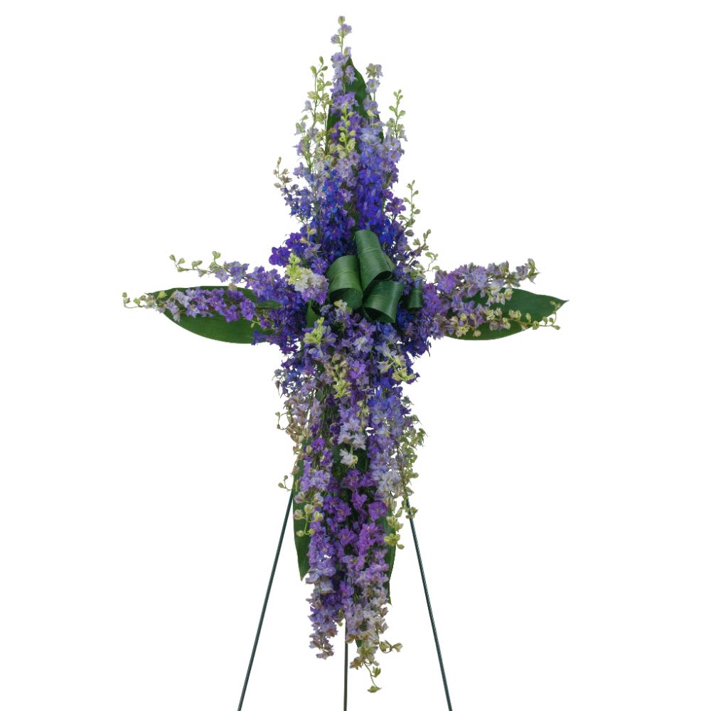Lovingly Lavender Cross  - Pink and purple flowers combine to make a beautiful tribute. Approximately 20&quot; wide by 32&quot; high As Shown : TMF-784