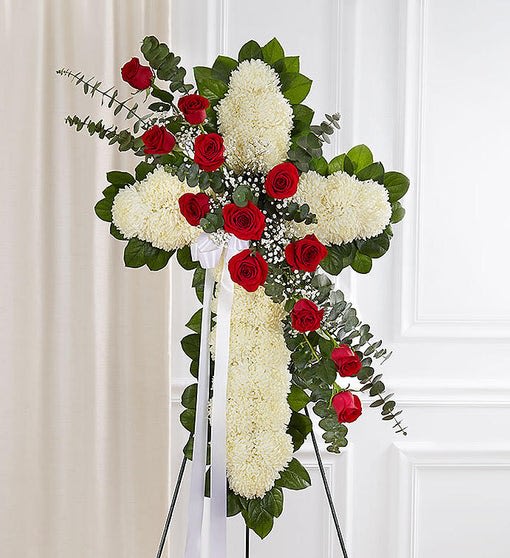 Cross 1 Cross 1 - Standing cross arrangement of white football mums and red roses; accented with soft, lush greenery