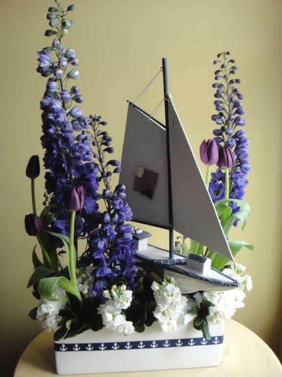 PURPLE PARAMOUR - Sail Boat w/ Delphinium, Stock &amp; Tulips 