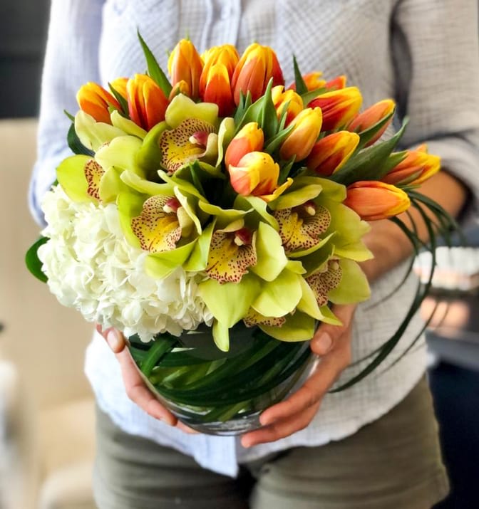 Spring Garden  - Mixed flower design in vase with green cymbidium, tulips and hydrangeas 