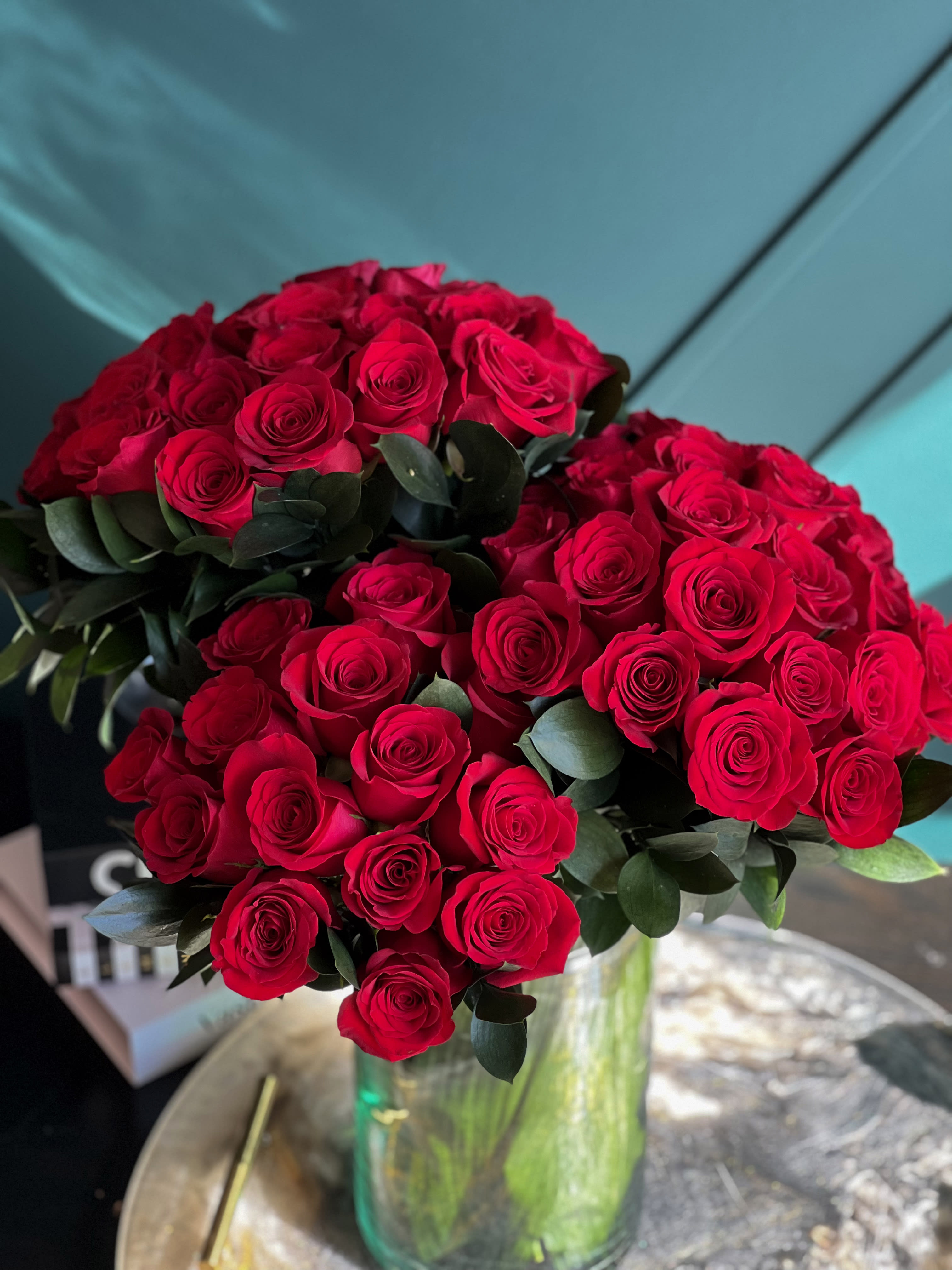 6 dozen red roses in clear vase  - 6 dozen fresh cut red roses in clear vase