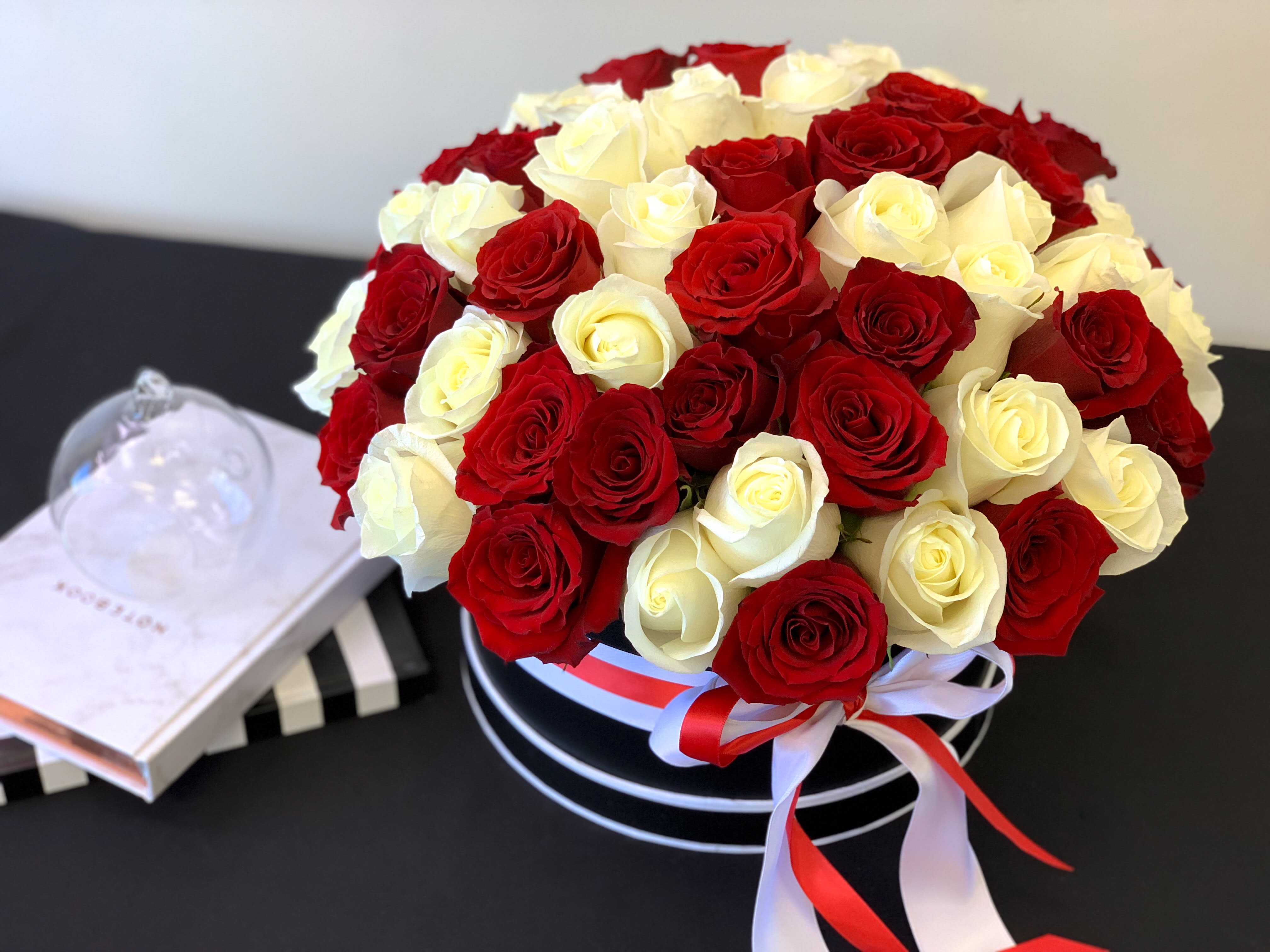 6 Dozen White and Red Roses in a Box  - Modern flower arrangement with 6 dozen red and white roses in black round box 