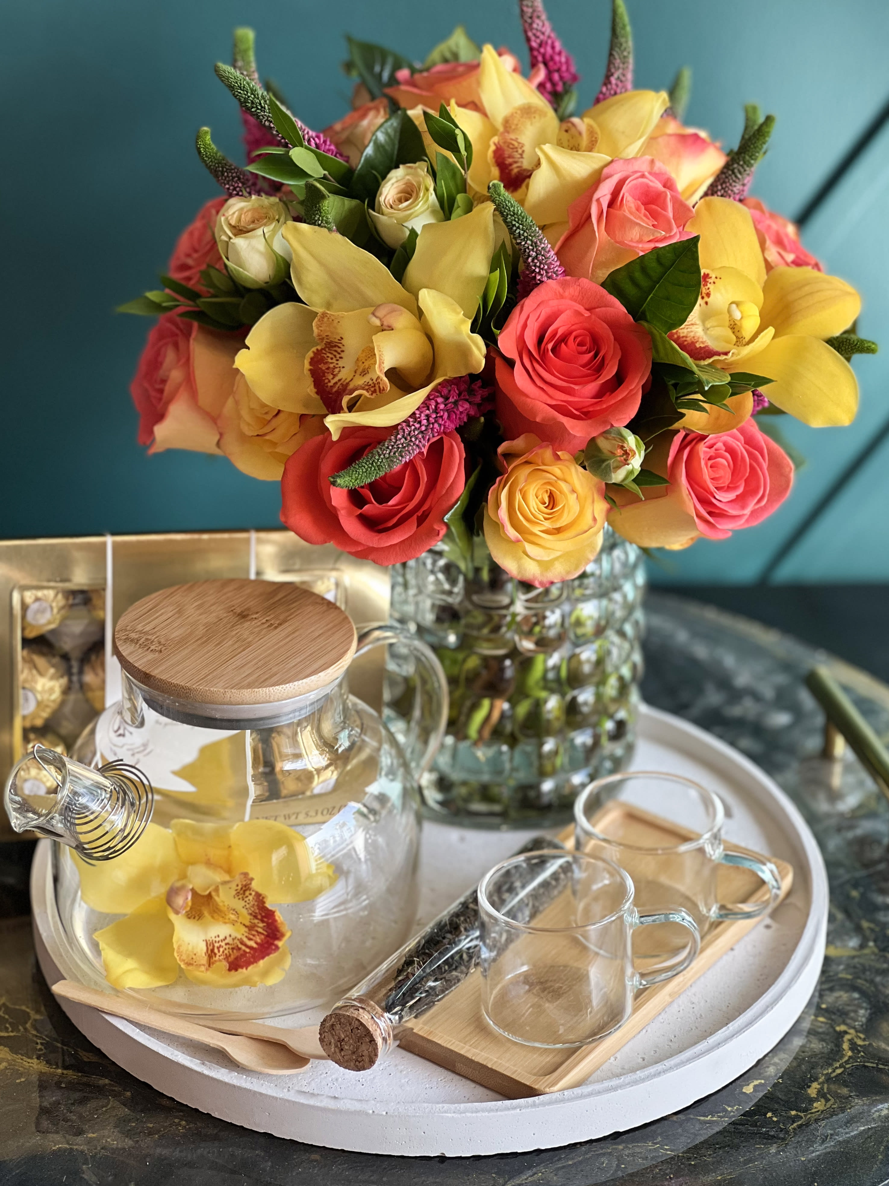 Bright Gift set - Gift set with flowers in a vase, tea pot (1000ml) , tea, chocolate and tea cups on wooden tray. Set arranged on custom made cement tray - 12' dia