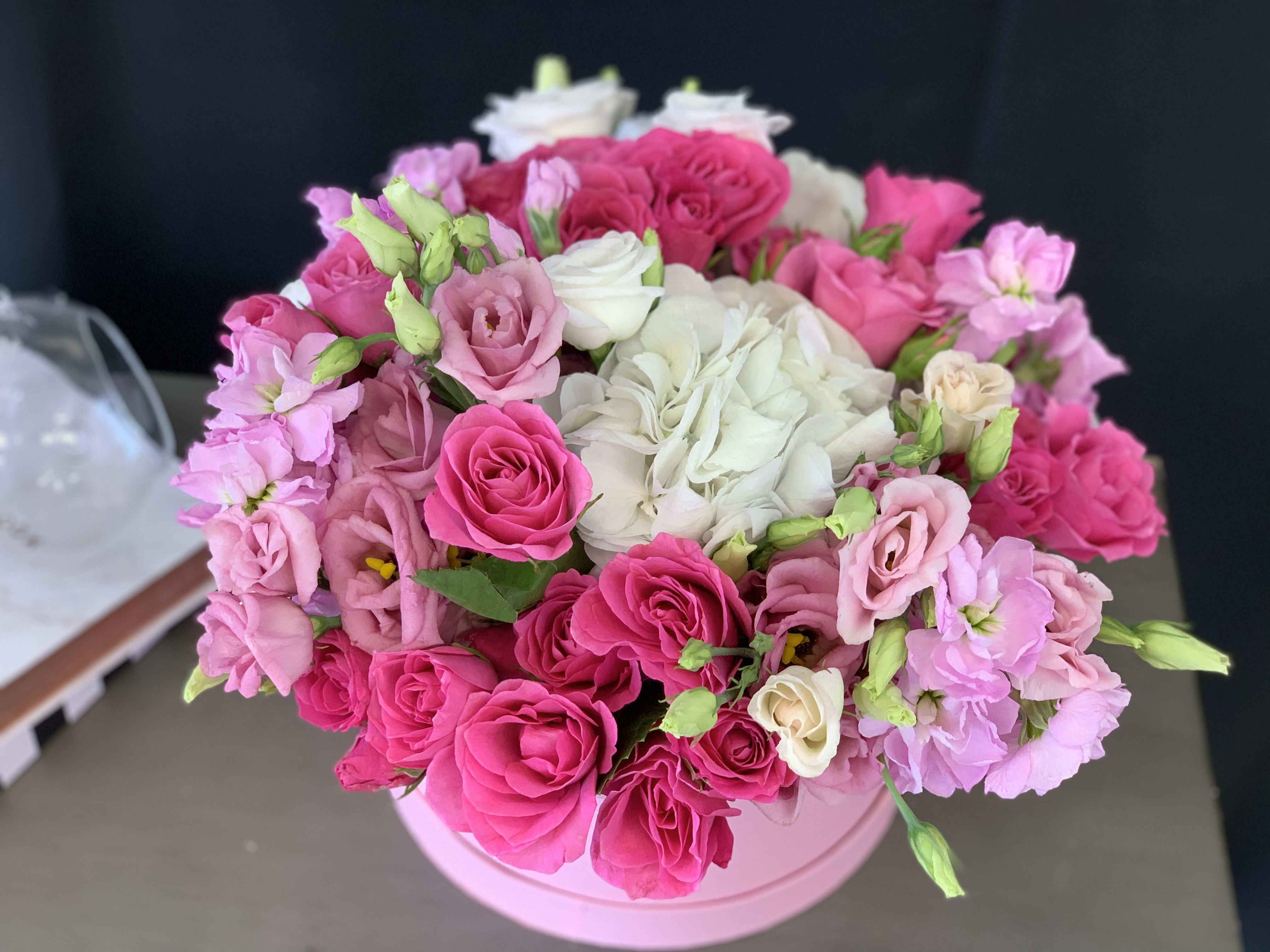 Fresh Flower Arrangement in Hat Box  - Fresh Flower Creation in hat box.  