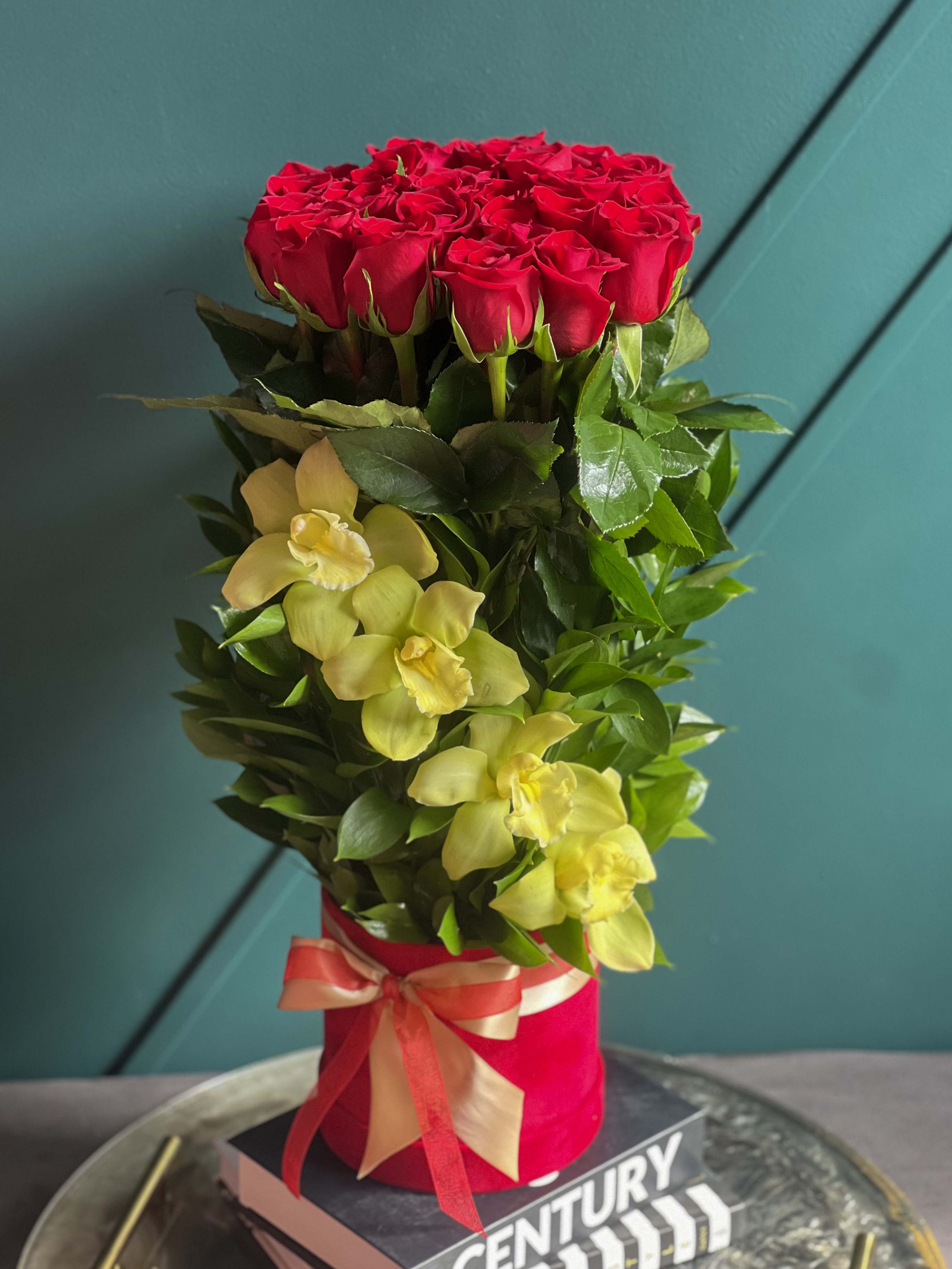 Two Dozen Premium Roses arrangement with green cymbidium orchids - Two Dozen Premium Roses arrangement with green cymbidium orchids  Extravagant floral present for any person and any occasion!