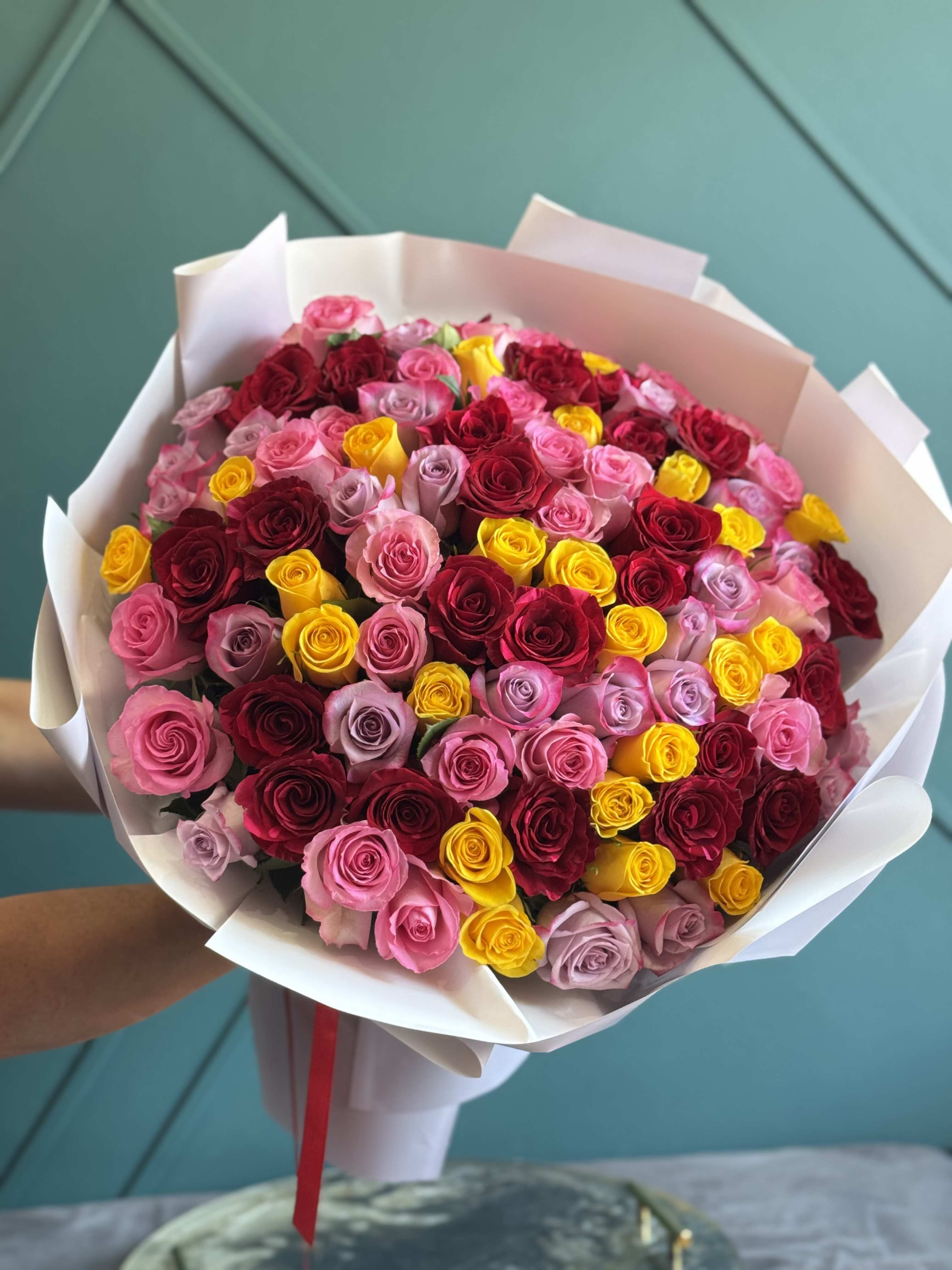 100 Mixed Roses Bouquet  - Bright, Sunny Rose hand-tided Bouquet. 100 stems of roses mix colors.  Vase not included!  