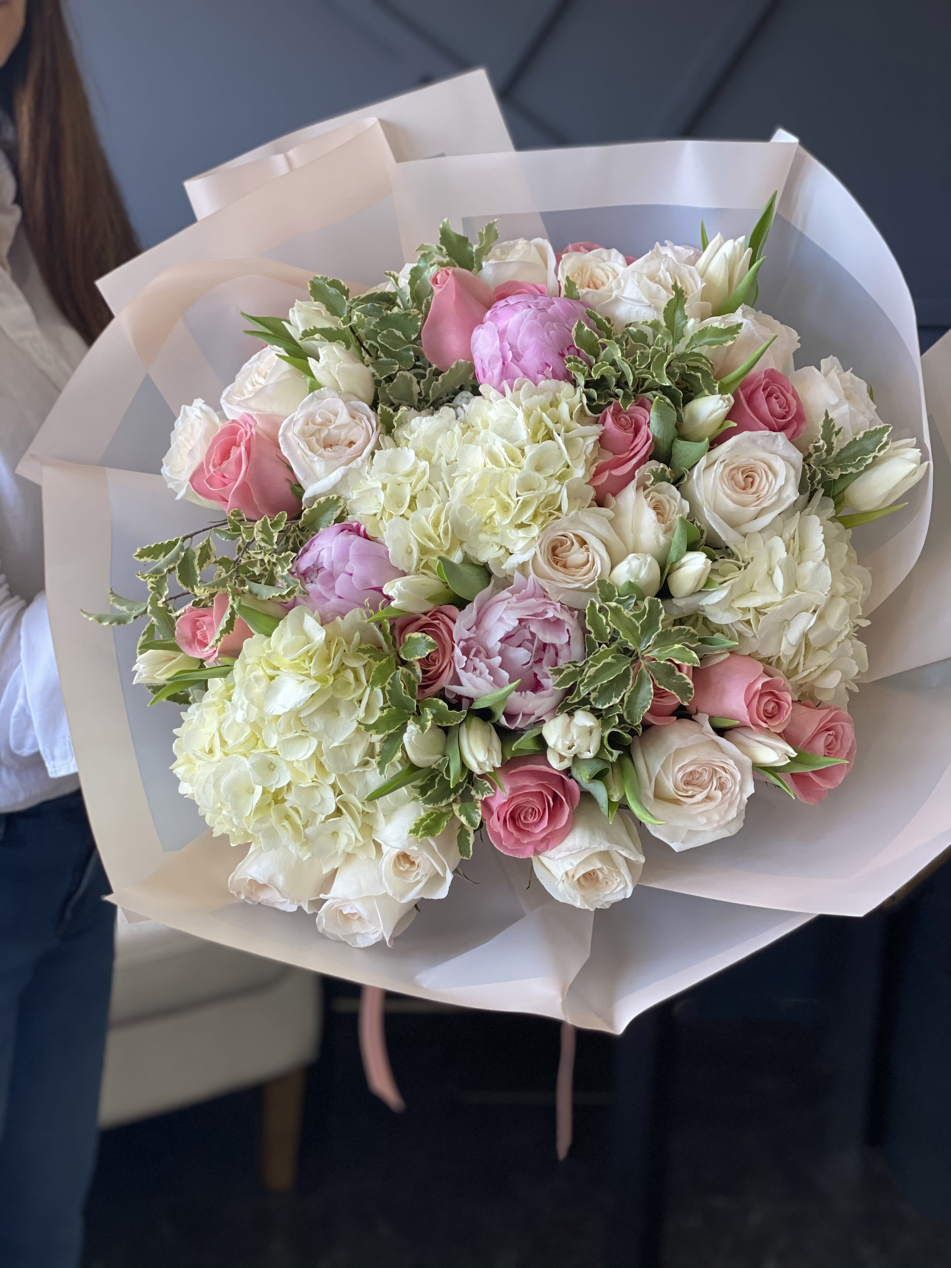 Spring Mix-handcrafted bouquet  - Handcrafted bouquet with hydrangeas, roses, peonies, tulips, greenery in modern paper wrapping. Vase not included 