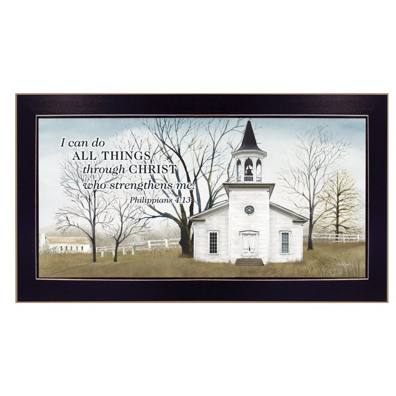 I can do all things Wall Decor I can do all things Wall Decor - “I Can Do All Things" is rectangular framed art print framed in an attractive deep brown frame. It shows a pristine country church and a beautiful Scripture Bible verse. Philippians 4:13 Wire hanger on back. Delivered with ribbons for funeral service - shade of frame can vary in color