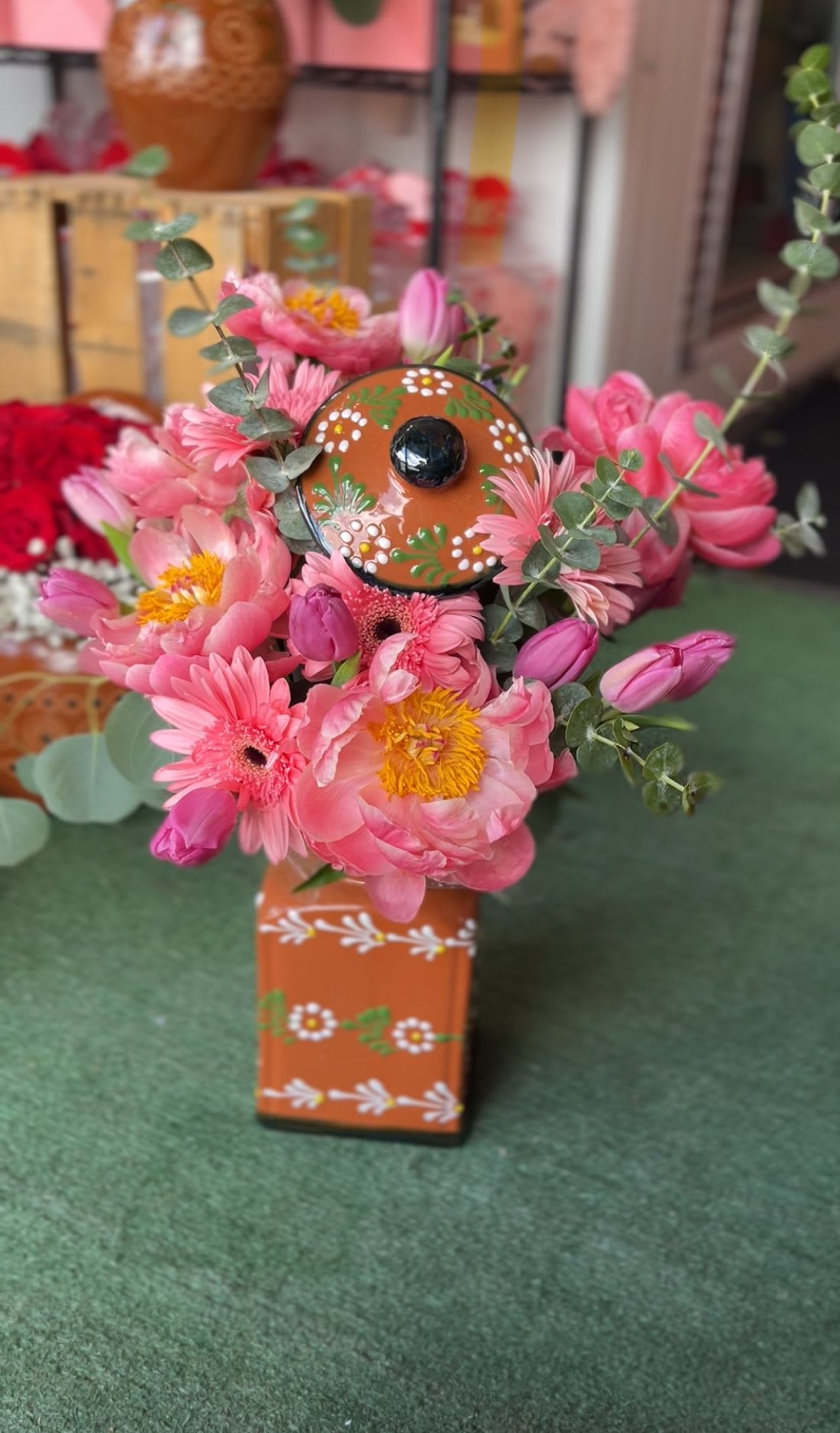 Peony in Talavera - Pink combination of gorgeous flowers in a Mexican style talavera container. 