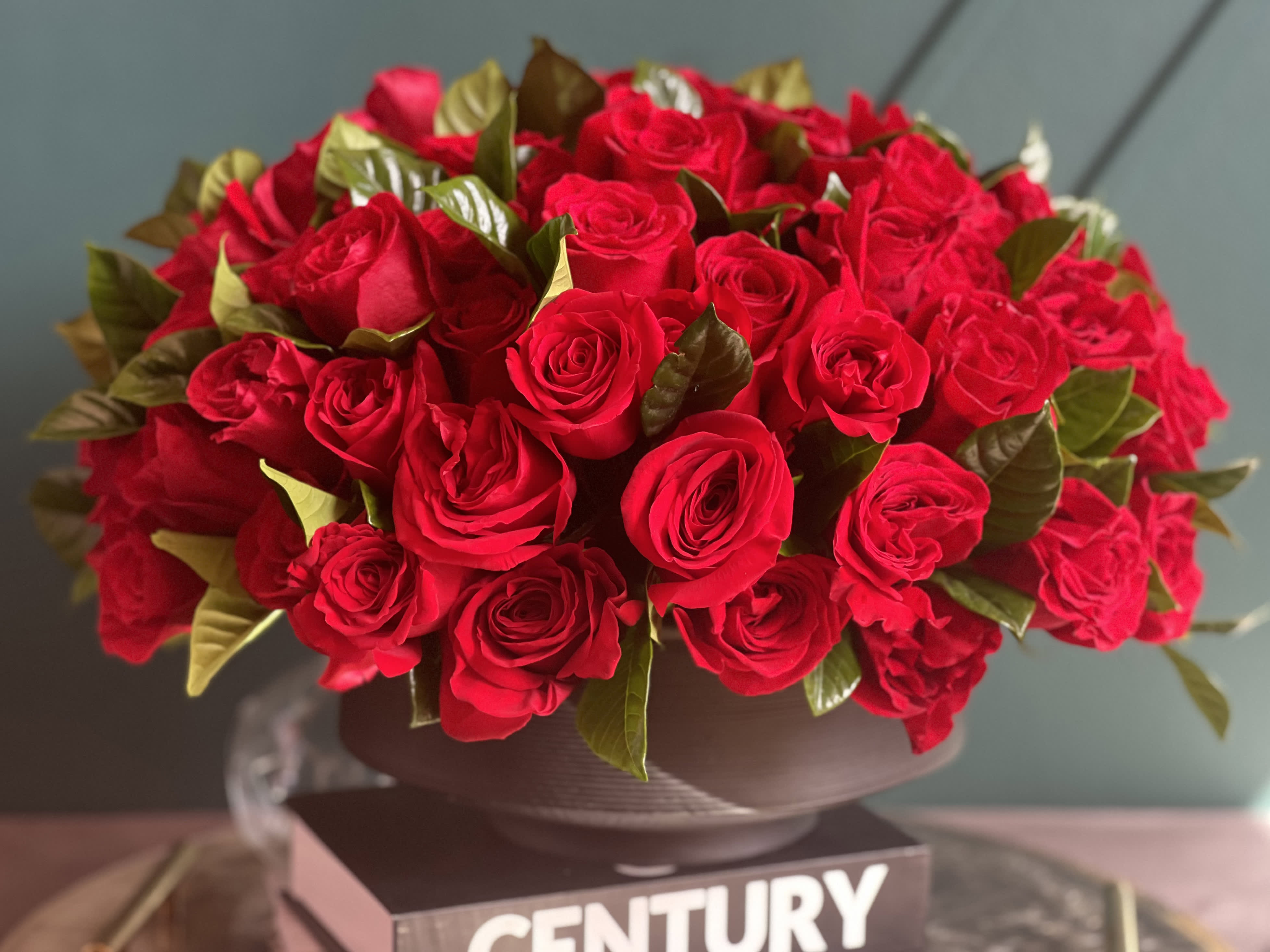 100 red roses in modern black vase  - 100 red roses in modern black vase 