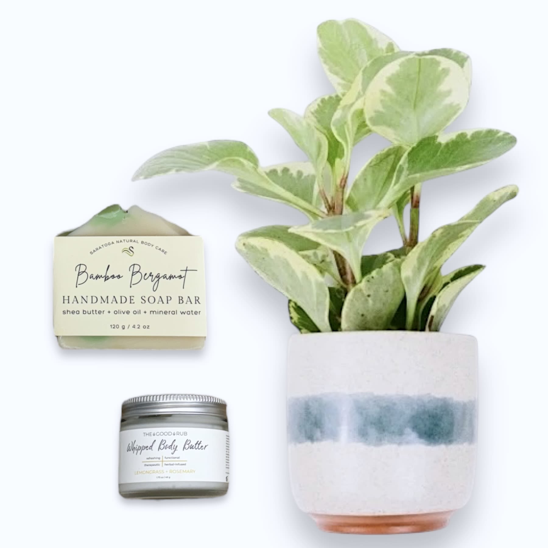 Essential Self-Care Gift Set - ESSENTIAL SELF-CARE GIFT SET  Sol Ambiance is proud to support these artists and makers, and other small businesses, to make our community and the world a better place. Enjoy your gift set!  Variegated Jade Peperomia Plant in Accent Decor’s ceramic pot.  Saratoga Natural Body Care Handmade 4.2oz Soap in &quot;Bamboo and Bergamot&quot; Scent. Enriched with Olive Oil and Shea Butter.  The Good Rub Whipped Body Butter in &quot;Lemongrass and Rosemary&quot; scent. 1.75oz is loaded with natural moisturizing properties and calming Calendula extract. 