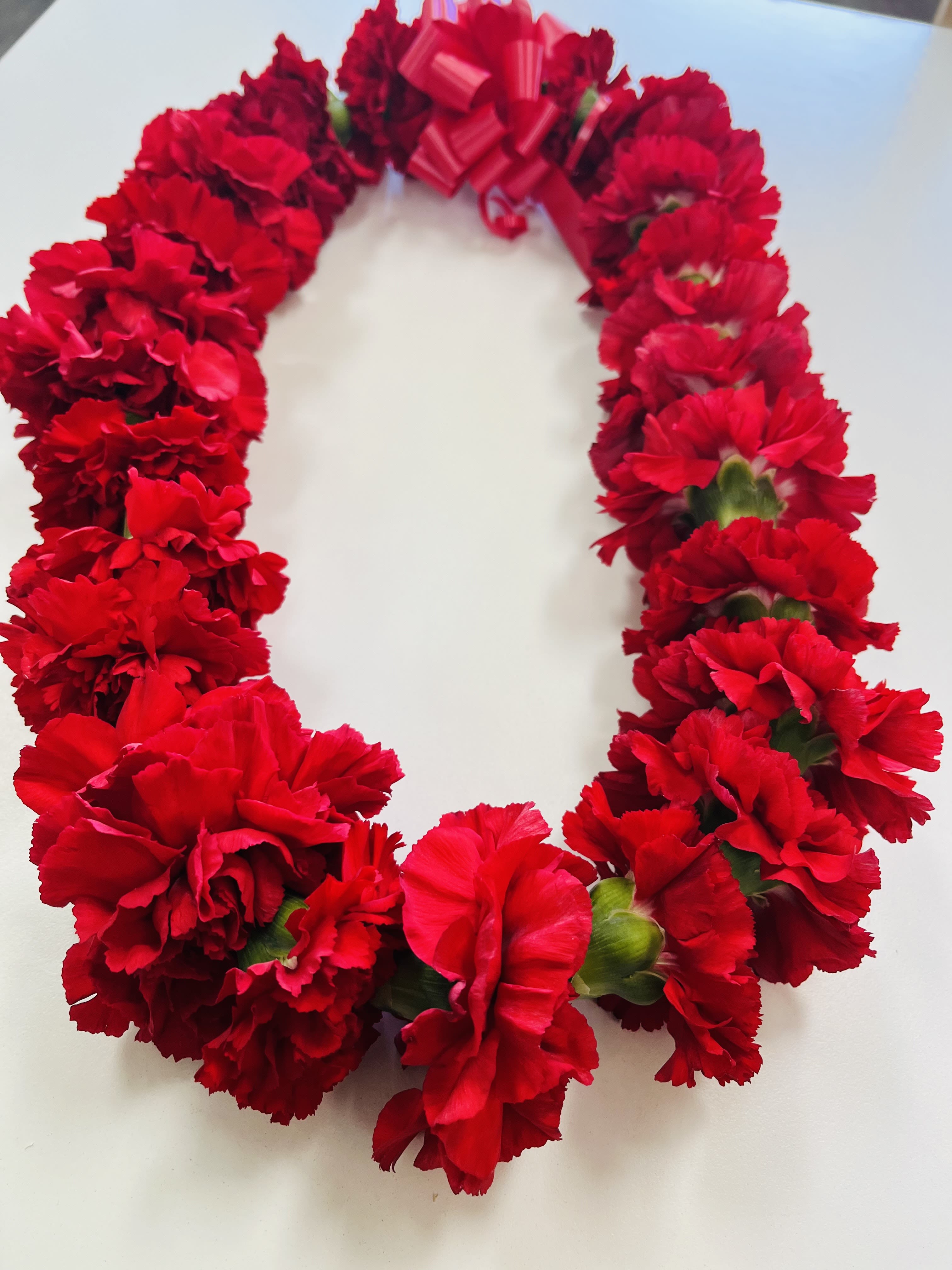 Fresh Red Carnation Flower Lei - Fresh Carnation Flower Lei shows aloha, royalty, love, and beauty. It naturally comes in yellow, white, red, maroon, pink and purple. It is a popular choice for graduation, birthday, anniversary, weddings and any other special occasions, representing affection, congratulations, and well wishes. Carnation are chosen for their vibrant colors and sweet fragrance, and long-lasting blooms, making them a cherished keepsake. Green leaves are added to hold the lei together and to look more royalty.