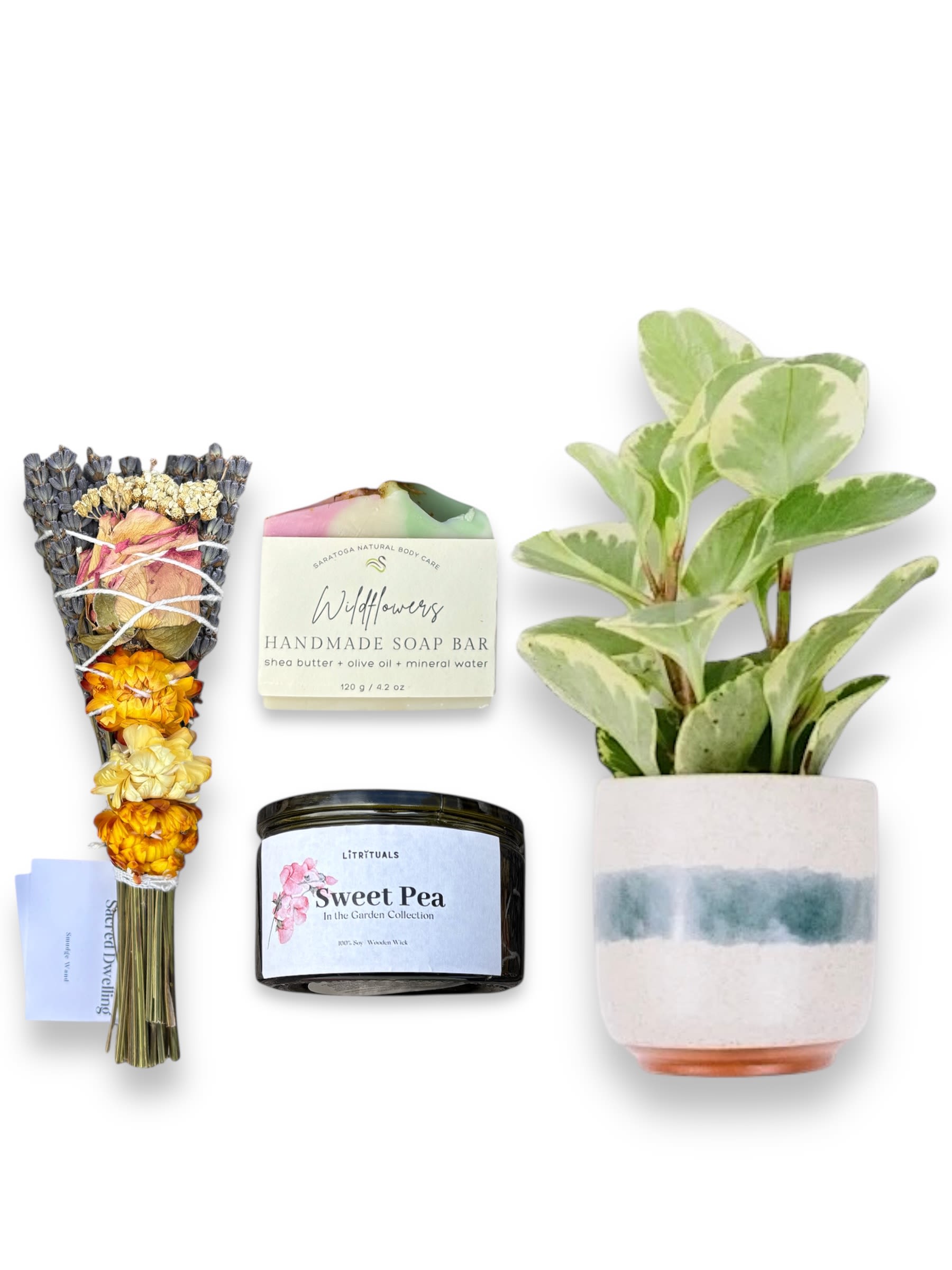 Summer Vibes Gift Set - Send the warm and sunny vibes that summer has to offer to that special someone in your life.   -One lush and green variegated Peperomia plant in the Mateo Container from Accent Decor.  &quot;Wildflowers&quot; Soap from Saratoga Natural Body Care. Floral notes and infused with flower petals. &quot;Sacred Dwelling&quot; Burn Wand from Lit Rituals. A burn wand of dried lavender and strawflower. &quot;Sweet Pea&quot; Candle from Lit Rituals. packaged with a seed paper that can be planted to grow your own Sweet Peas.