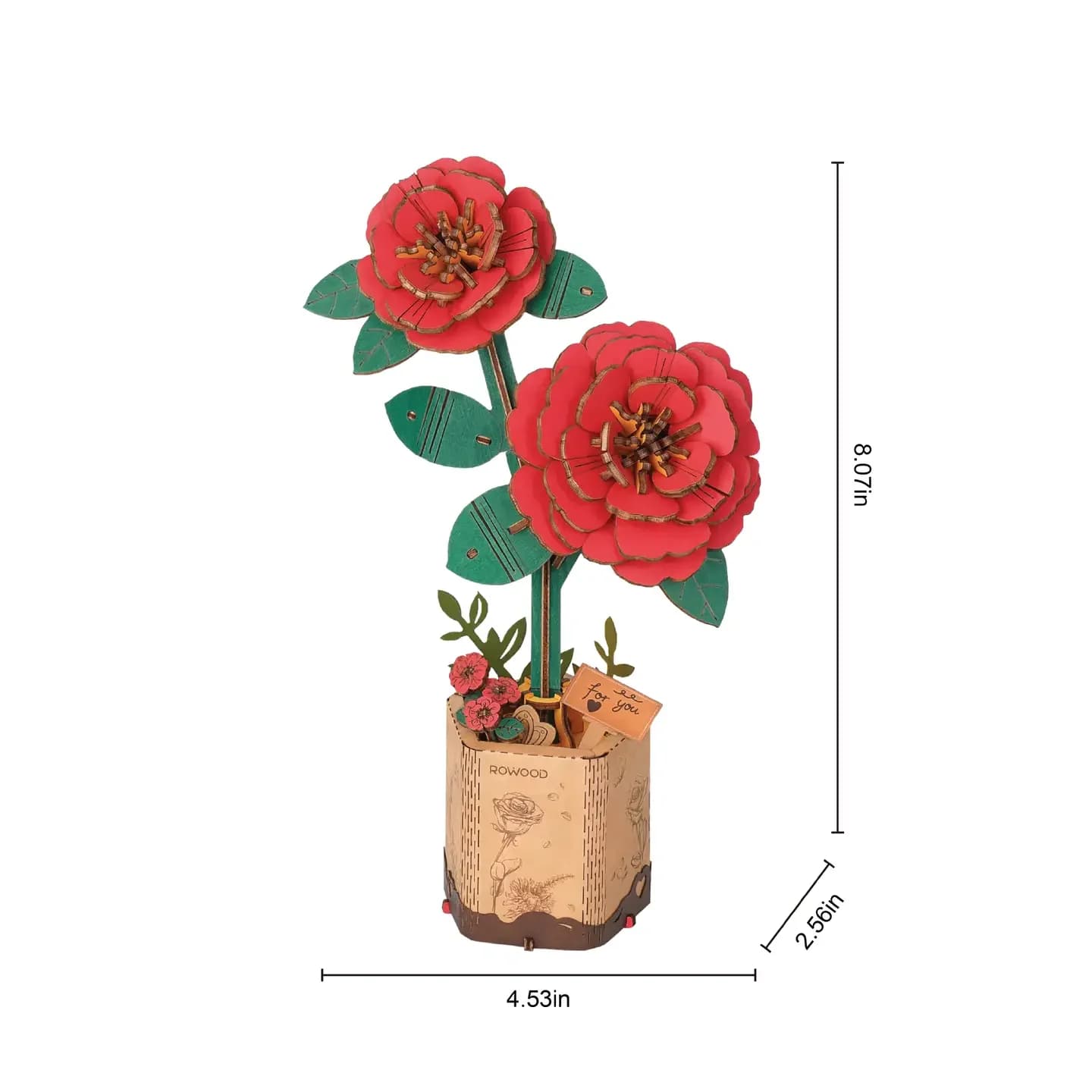 3D Wooden Puzzle - Red Camellia - Perfect for both beginners and seasoned hobbyists, these puzzles are designed to be easily assembled within a mere hour and a half, making them an ideal project for a leisurely afternoon.  Upon completion, these flower puzzles make for a beautiful display piece, adding a touch of natural elegance to any room. With their timeless charm and enduring appeal, they also make for cherished gifts for loved ones who appreciate the art of crafting.